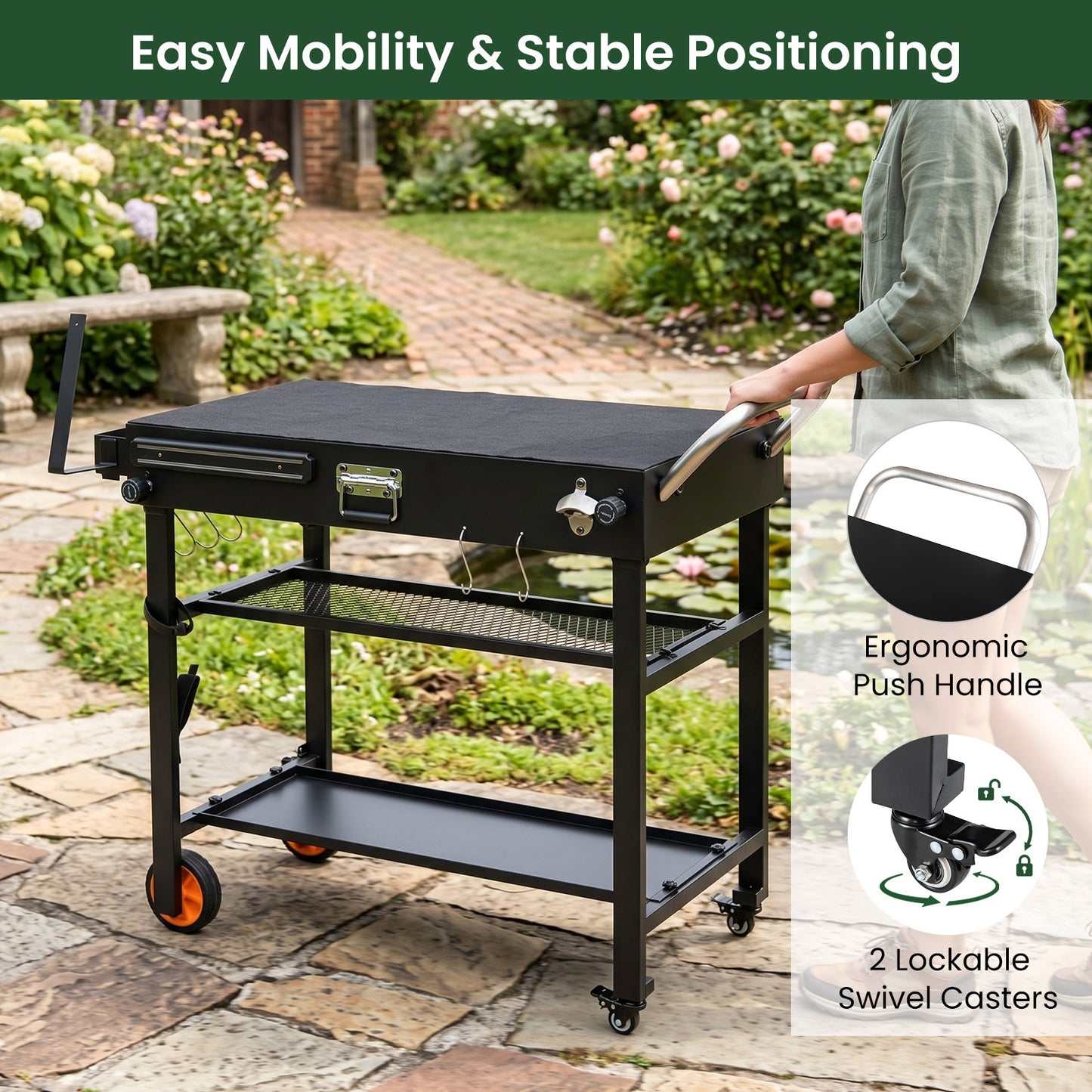 Costway Grillwagen Opvouwbare Grilltafel met 3 Niveaus Ondergrond & Haken Buitenkeuken Draagbare Grill 109 x 46 x 87 cm Zwart