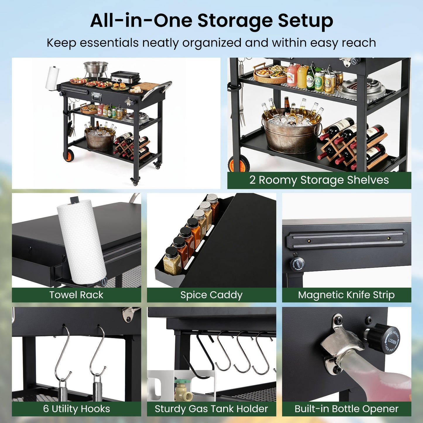 Costway Grillwagen Opvouwbare Grilltafel met 3 Niveaus Ondergrond & Haken Buitenkeuken Draagbare Grill 109 x 46 x 87 cm Zwart