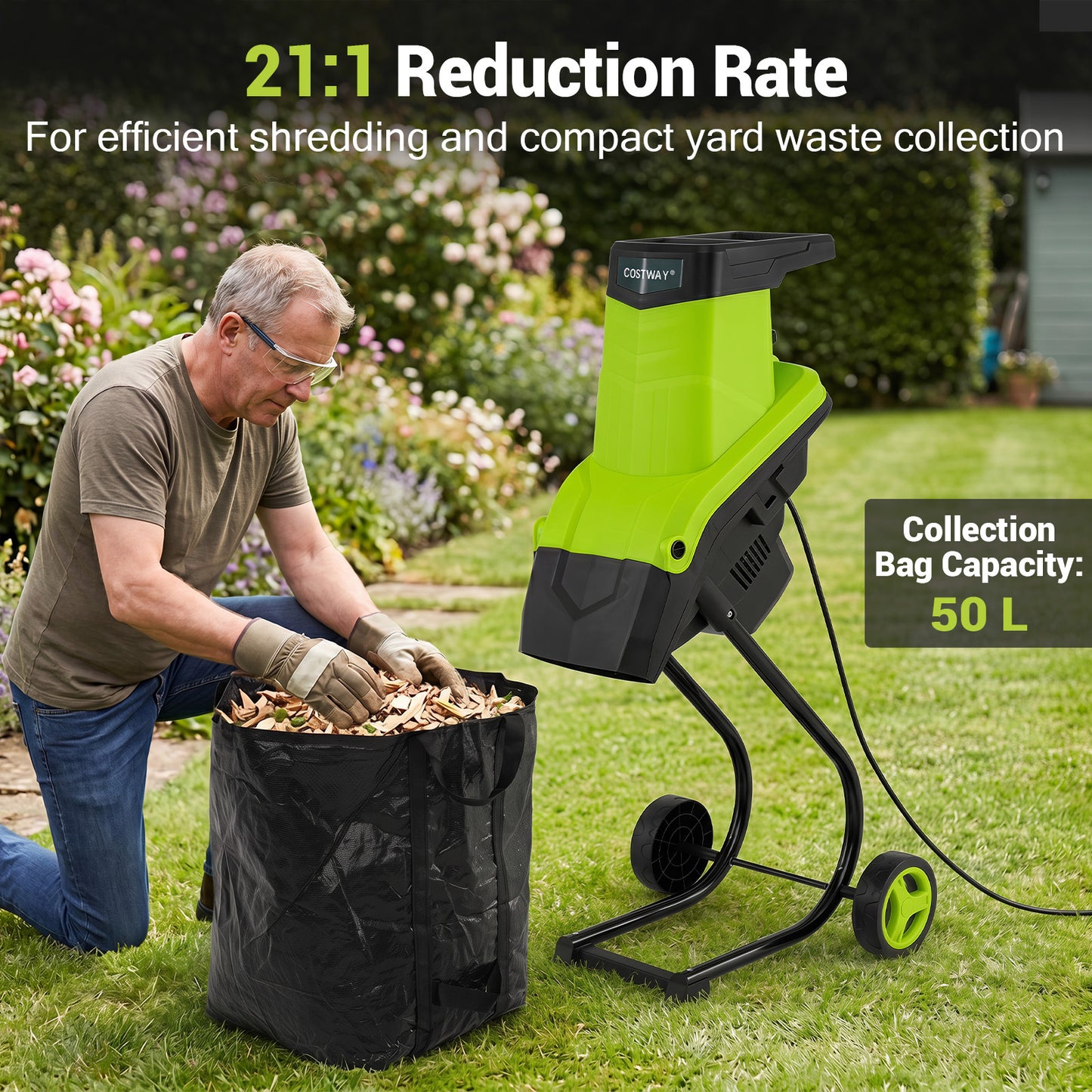 Costway Groen Elektrische Tuin Versnipperaar 2500W mes Versnipperaar voor Takken tot 45 mm 21:1 Opvangzak Hout Versnipperaar met Wielen 2 Dubbele Messen Versnipperaar