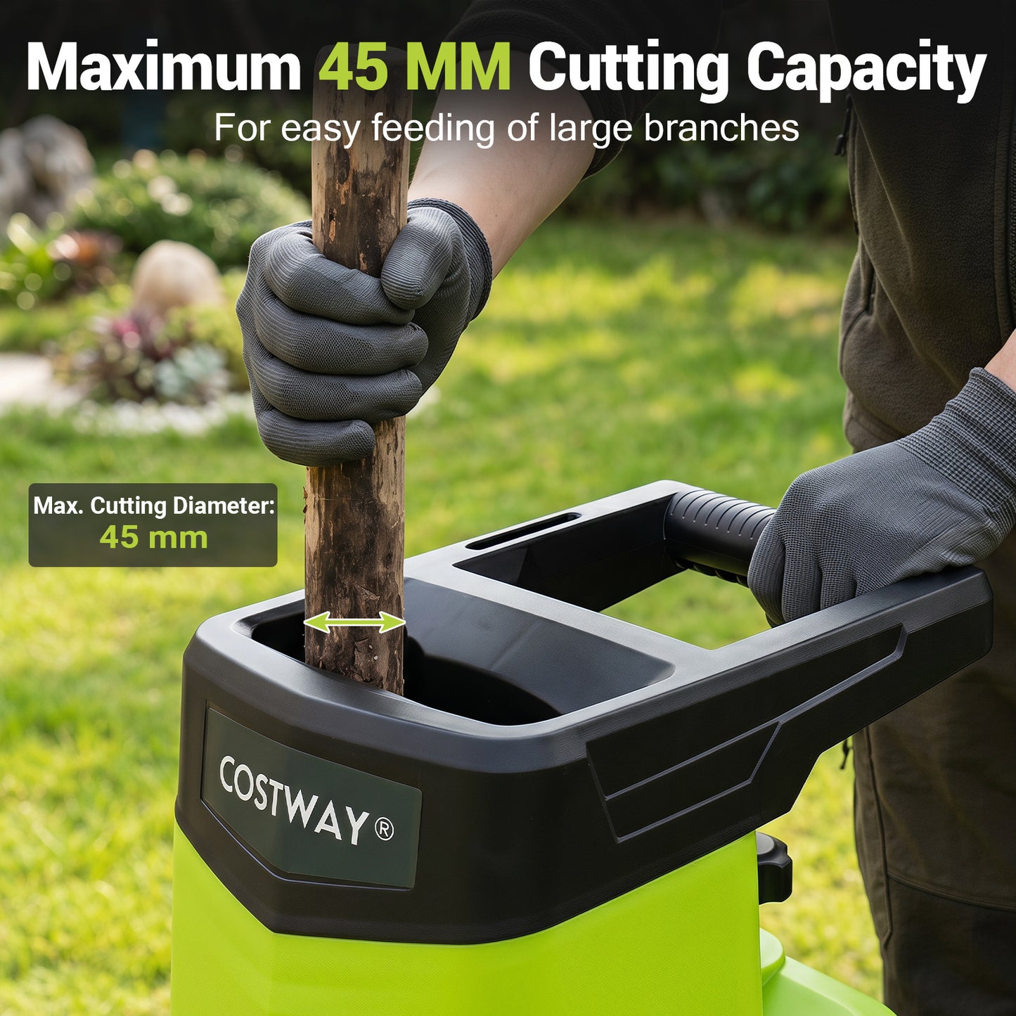 Costway Groen Elektrische Tuin Versnipperaar 2500W mes Versnipperaar voor Takken tot 45 mm 21:1 Opvangzak Hout Versnipperaar met Wielen 2 Dubbele Messen Versnipperaar