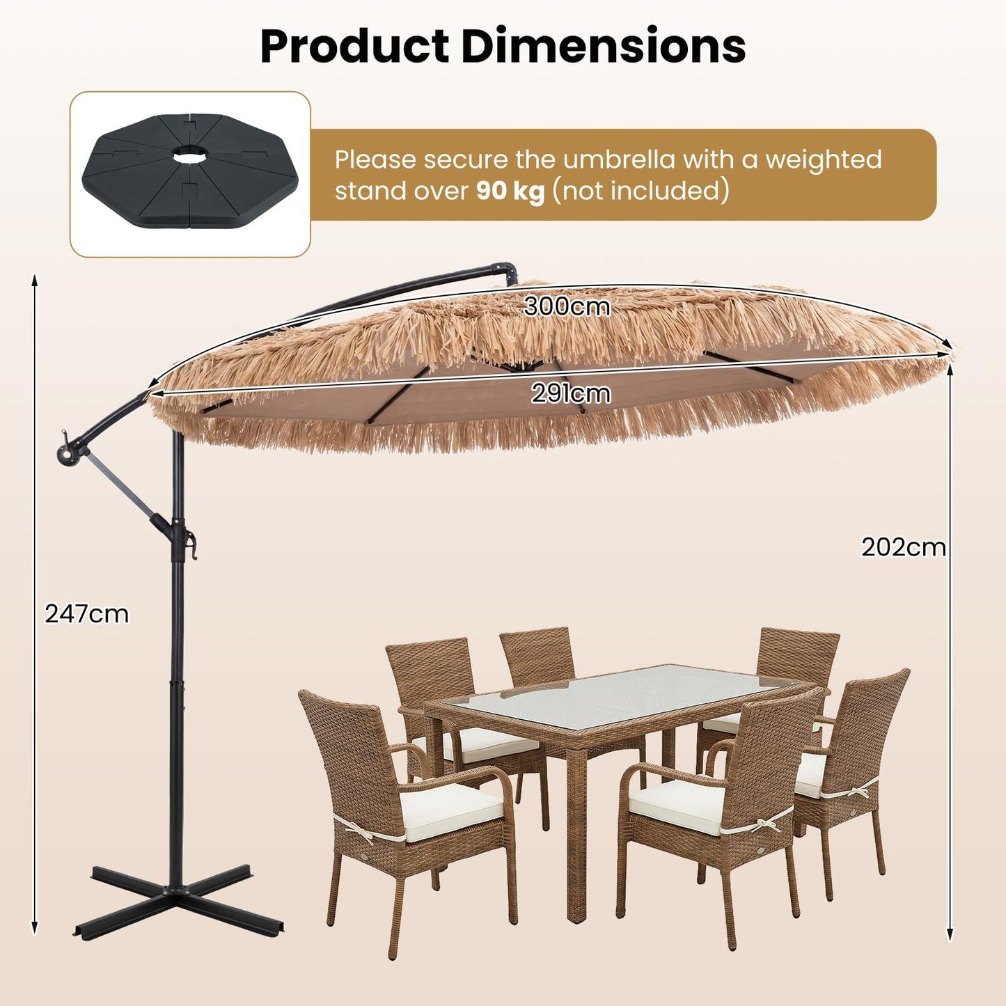 Costway Hawaii-parasol Ø 291 cm met PE-strooien Dak Kruisvoet Metalen Frame en Slinger