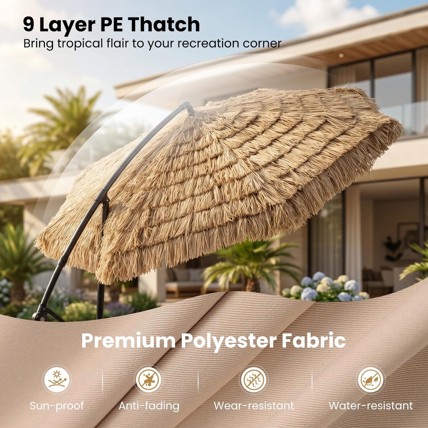 Costway Hawaii-parasol Ø 291 cm met PE-strooien Dak Kruisvoet Metalen Frame en Slinger