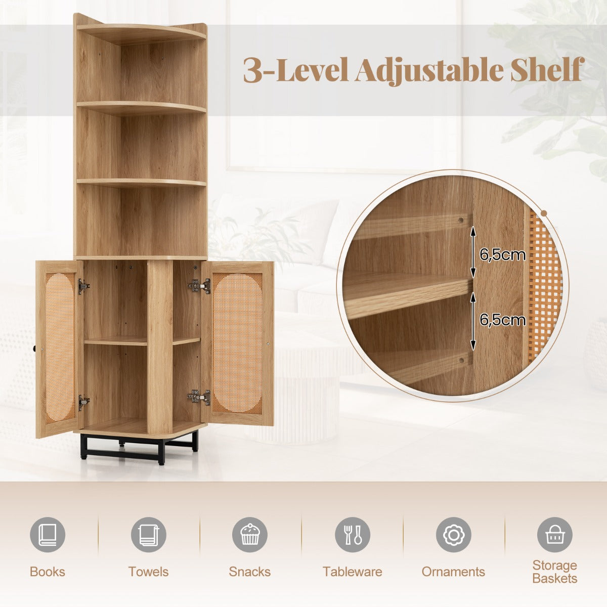 Costway Hoek Boekenkast van PE-Rotan 172 cm Hoge Kast met 2 Deuren en 4 Open Planken Ruimtebesparende Boekenkast in Boho-Stijl Hoekrek