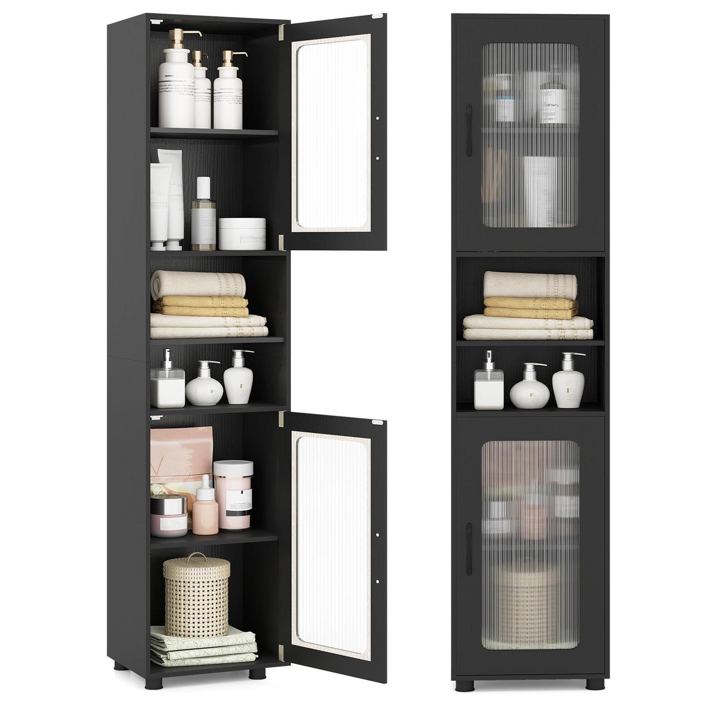 Costway Hoge Badkamerkast met 2 Transparante Glazen Deuren en Verstelbare Planken 40 x 30 x 170 cm Zwart