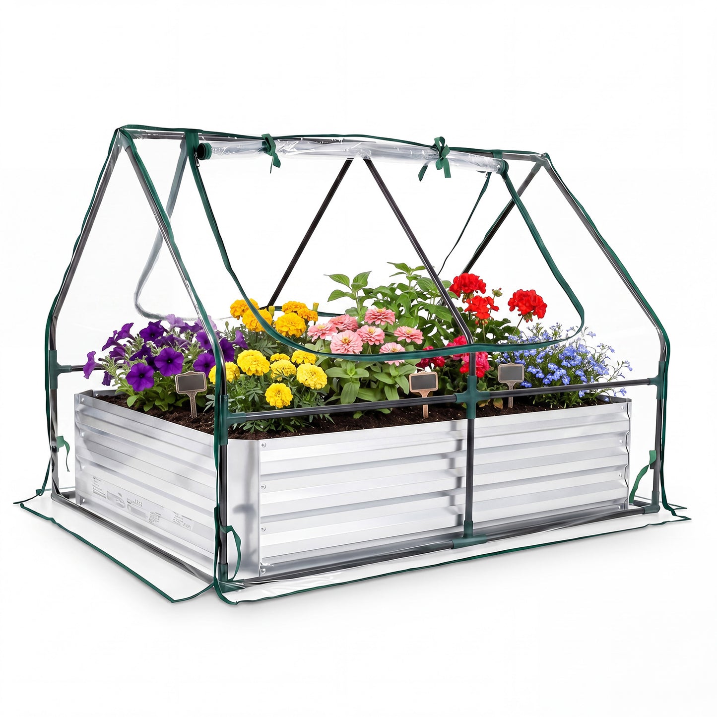 Costway Hoge Bed met Kas Plantenbak van Verzinkt Metaal met 2 Oprolbare Ramen met Rits 127x97x93cm
