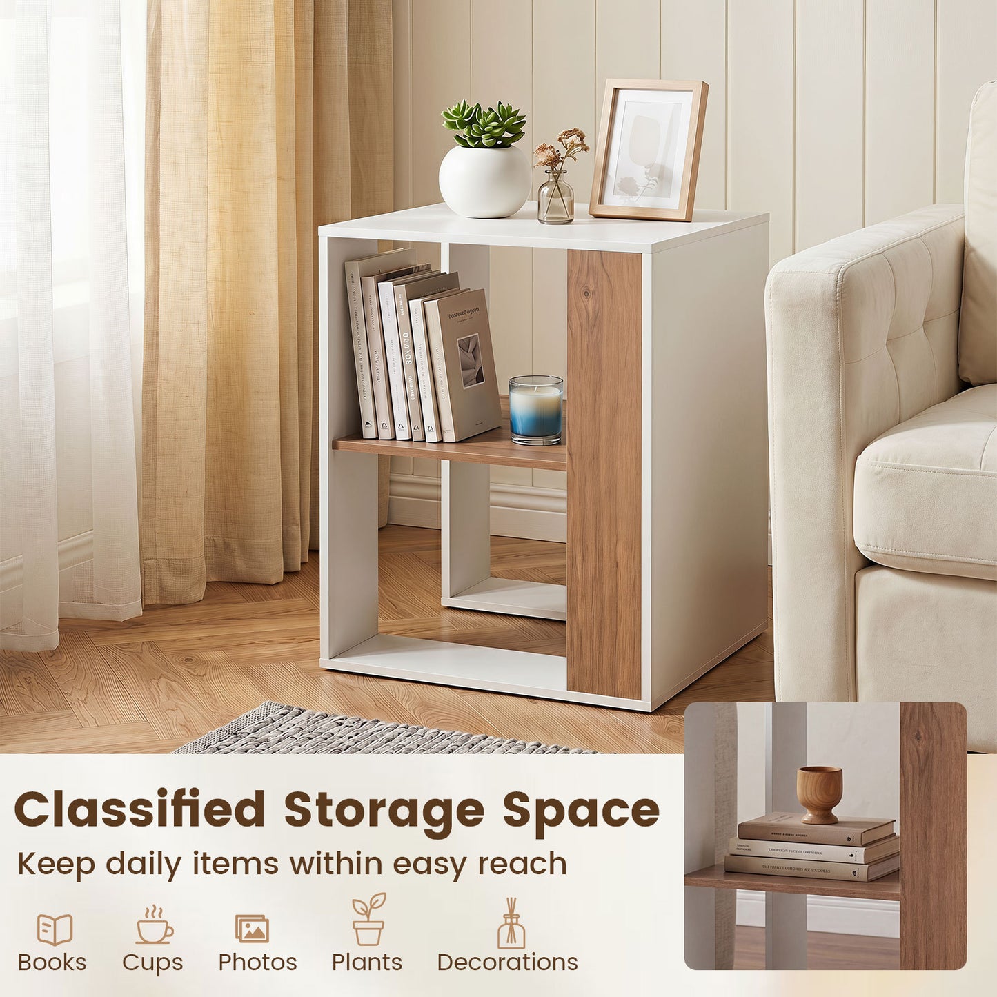 Costway Houten Bijzettafel Vierkante Nachttafel met 2 Niveaus Salontafel met Opbergruimte Moderne Salontafel 45 x 45 x 60 cm Wit