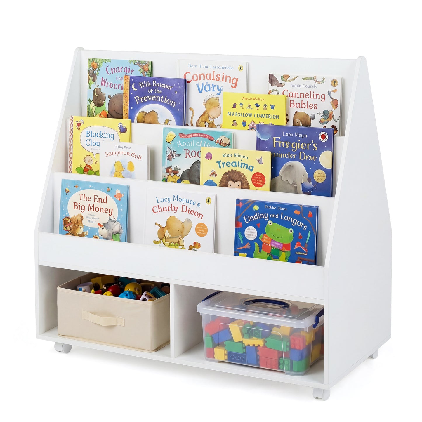 Costway Houten Kinderboekenkast met Wielen en Krijtbord Speelgoedrek met 3 Planken en 2 Vakken Opbergkast 90 x 45,5 x 87 cm
