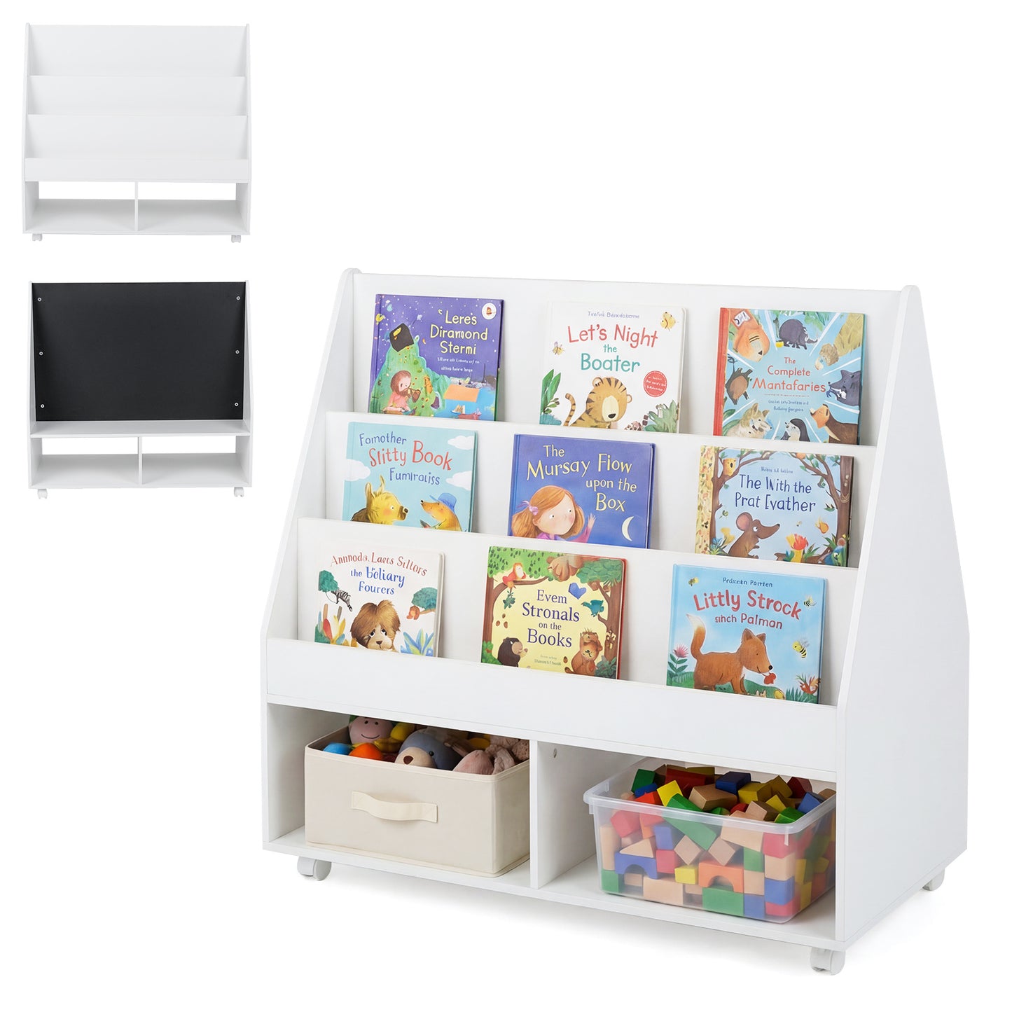 Costway Houten Kinderboekenkast met Wielen en Krijtbord Speelgoedrek met 3 Planken en 2 Vakken Opbergkast 90 x 45,5 x 87 cm