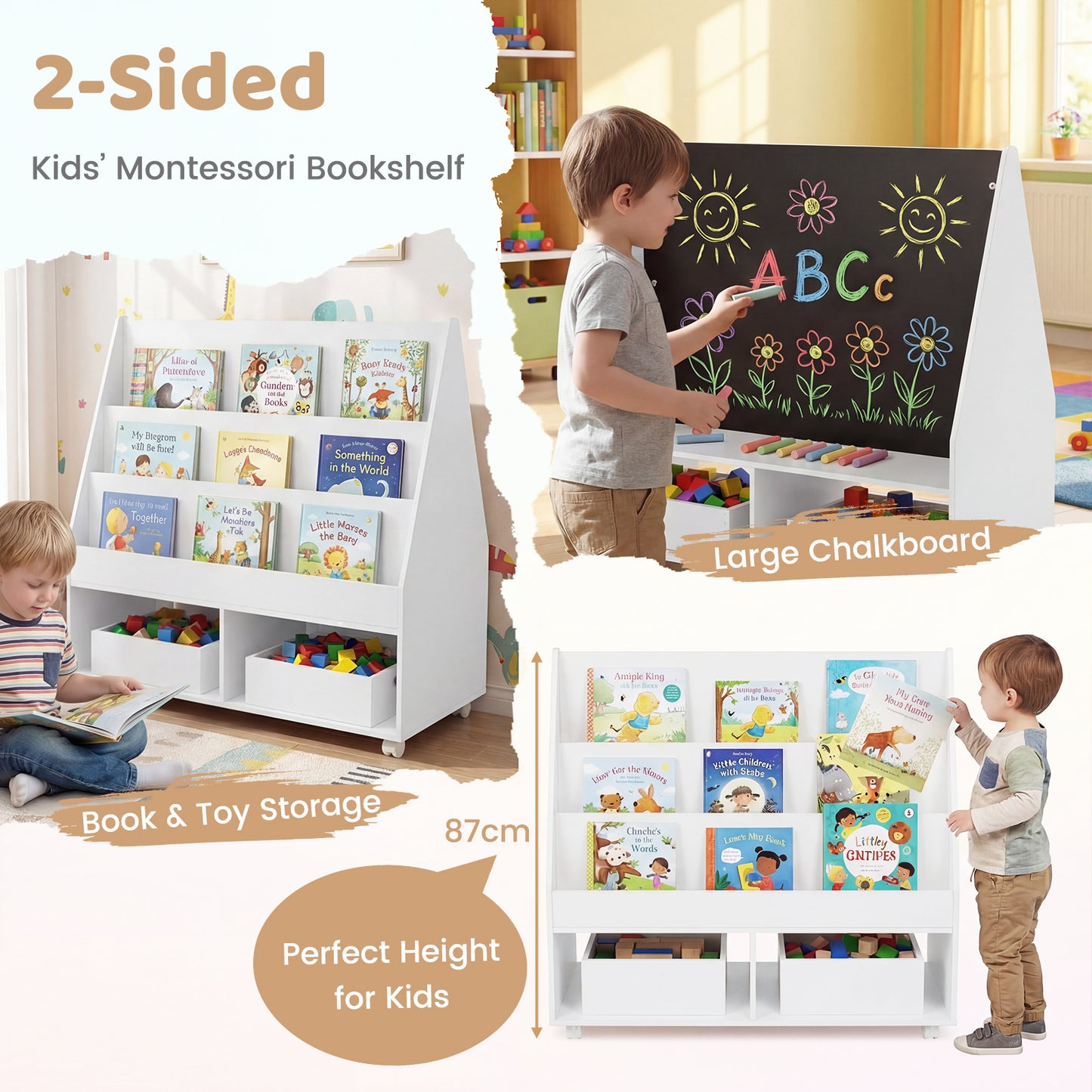 Costway Houten Kinderboekenkast met Wielen en Krijtbord Speelgoedrek met 3 Planken en 2 Vakken Opbergkast 90 x 45,5 x 87 cm