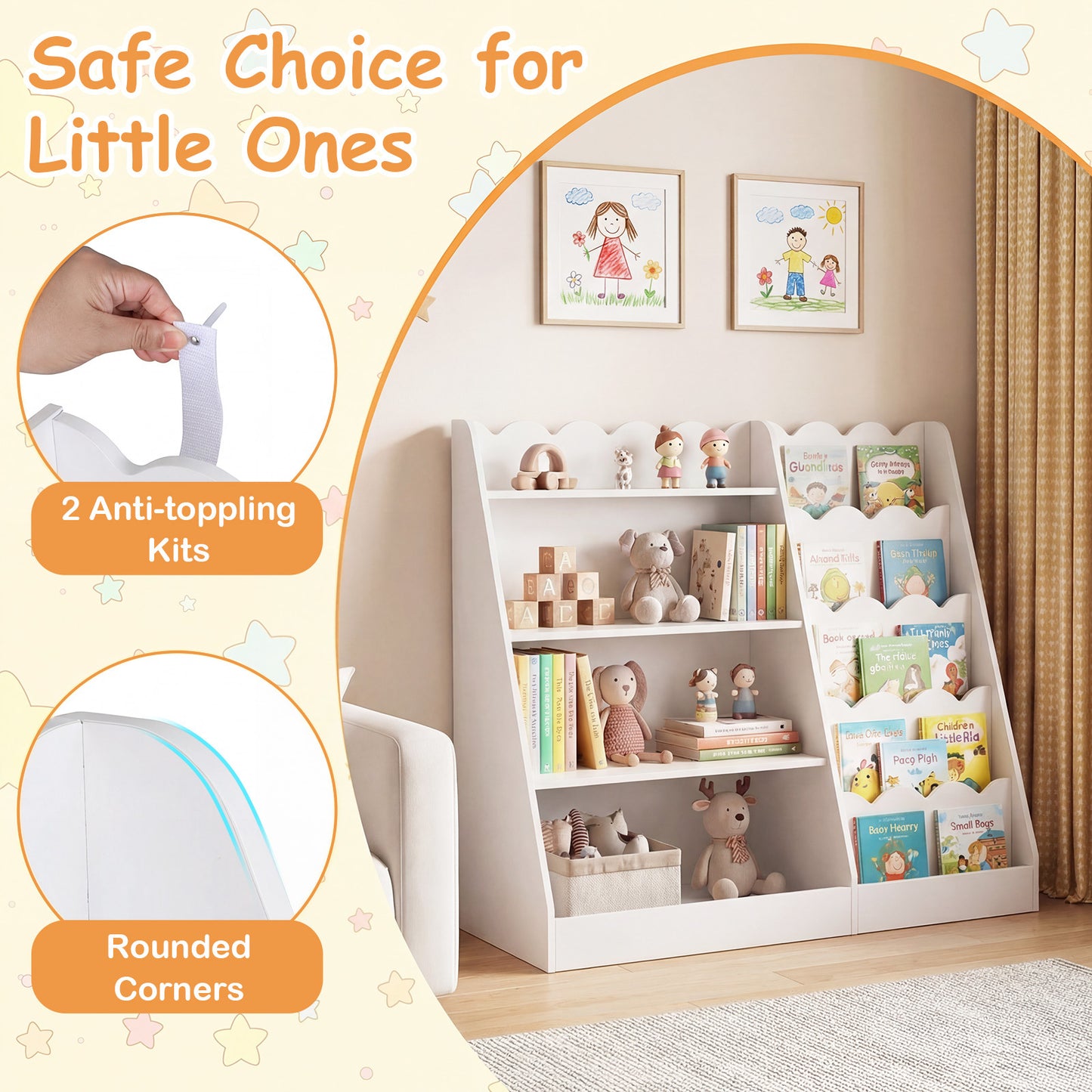 Costway Houten Kinderboekenrek 5 Laags Boekenrek Vrijstaand Kinderrek met Speelgoedrek Houten rek Opbergrek 90×40×80cm