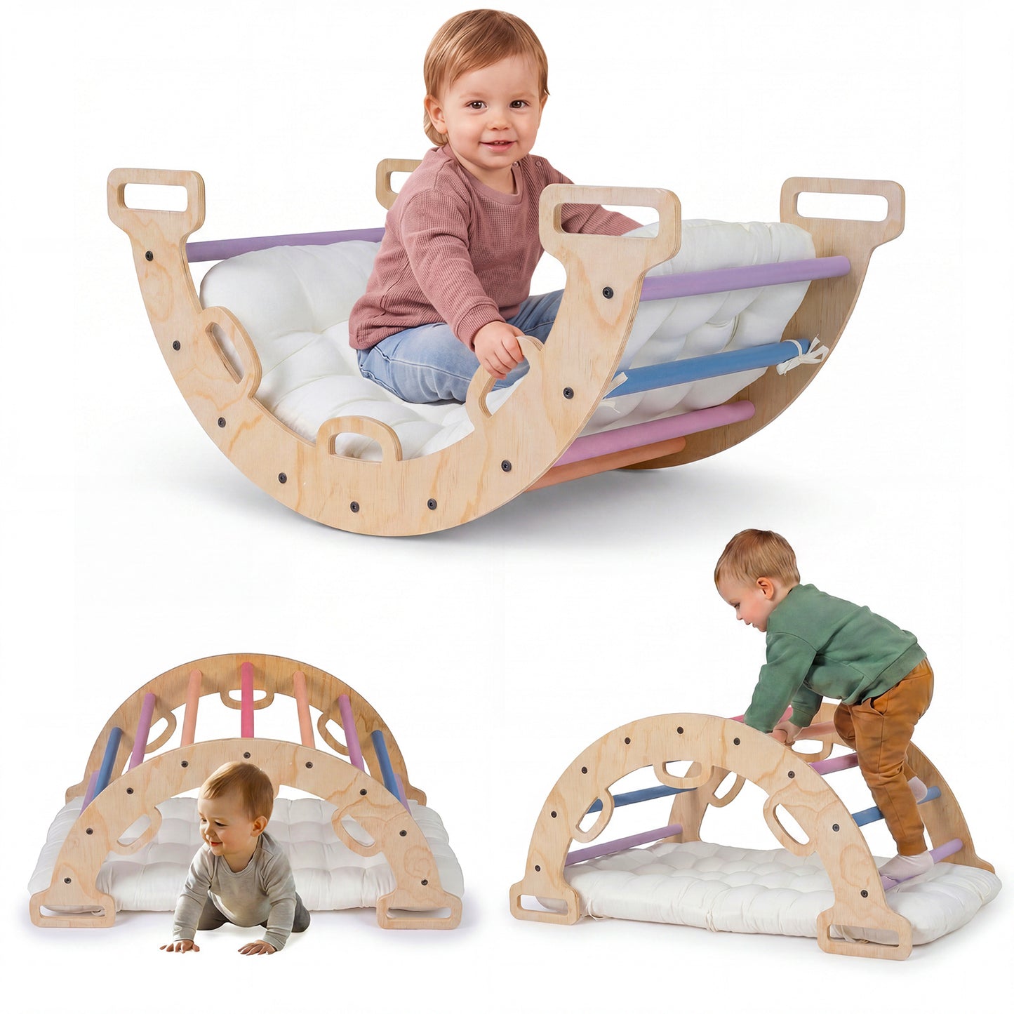Costway Houten Klimboog Montessori-Klimwip met Zacht kussen Klimdriehoek om op te Wiebelen Multicolor