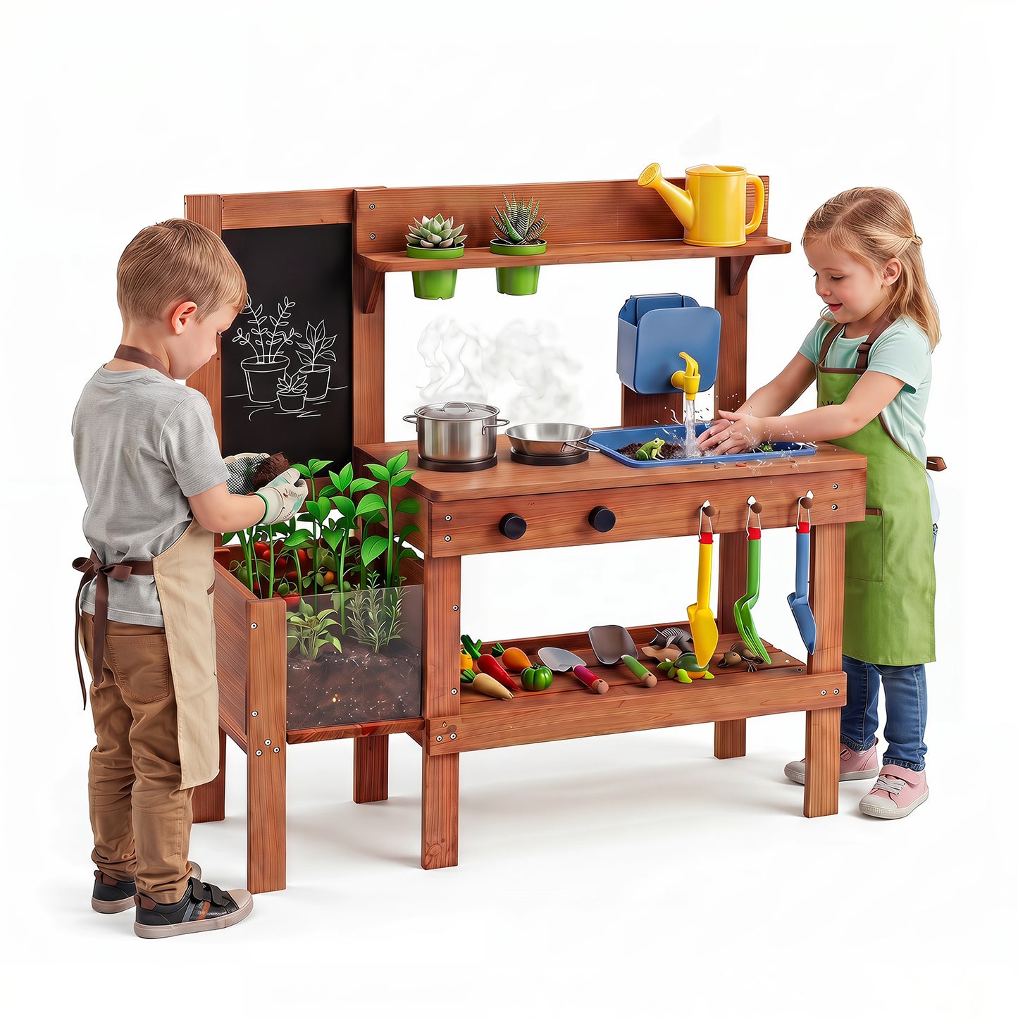 Costway Houten Modderkeuken Kinderkeuken met Plantenbak & Bord Speelkeuken met Watertank Spoelbak & Kraan