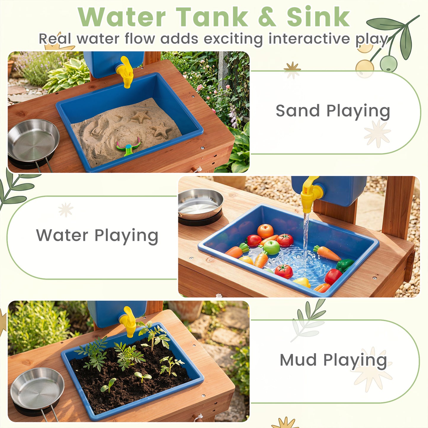 Costway Houten Modderkeuken Kinderkeuken met Plantenbak & Bord Speelkeuken met Watertank Spoelbak & Kraan