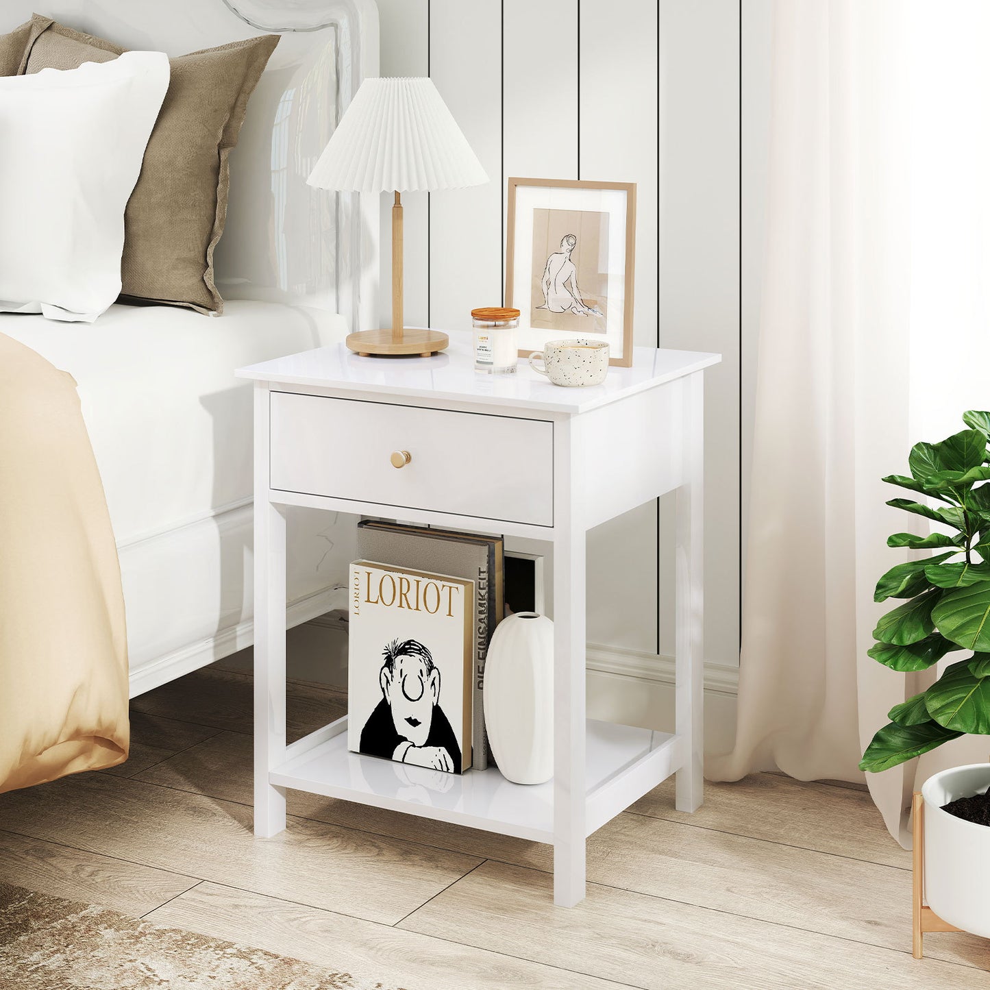 Costway Houten Nachttafel set van 2 Bijzettafels met Lade en Open Rek Wit