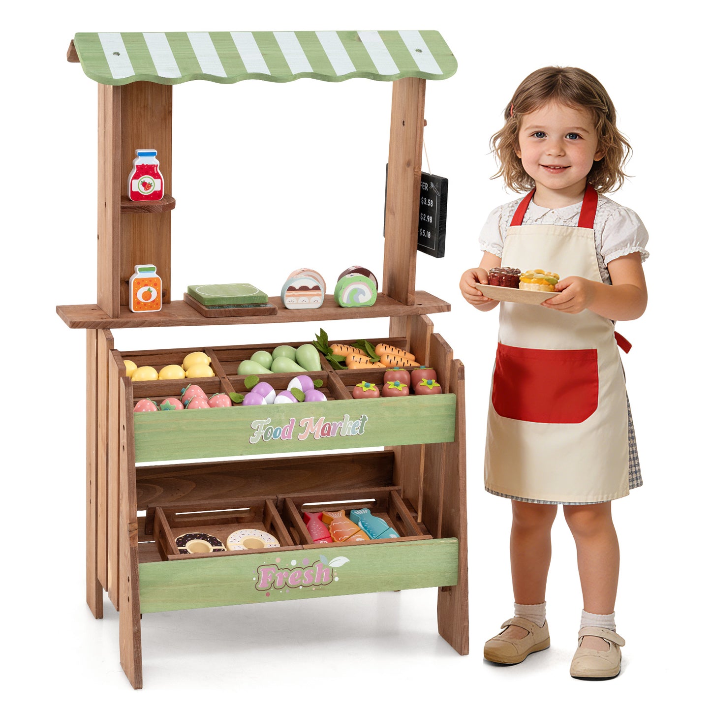 Costway Houten Speelgoed Winkel voor Kinderen met 6 Vakken en 2 Dozen Verkoopstand met Weegschaal Krijtbord en 43 Accessoires