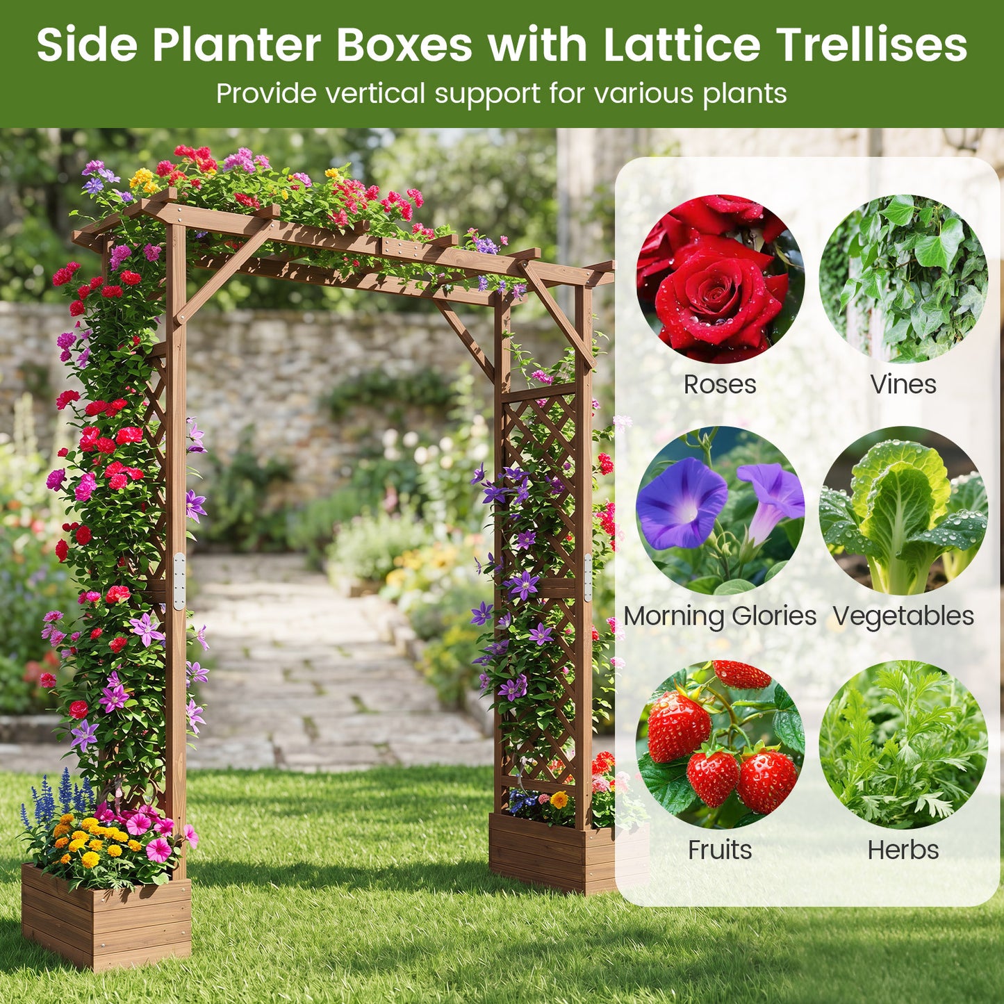 Costway Houten Tuinboog met 2 Plantenbakken Rozenboog met Klimrek Decoratieve Poortboog 208 x 55 x 220 cm