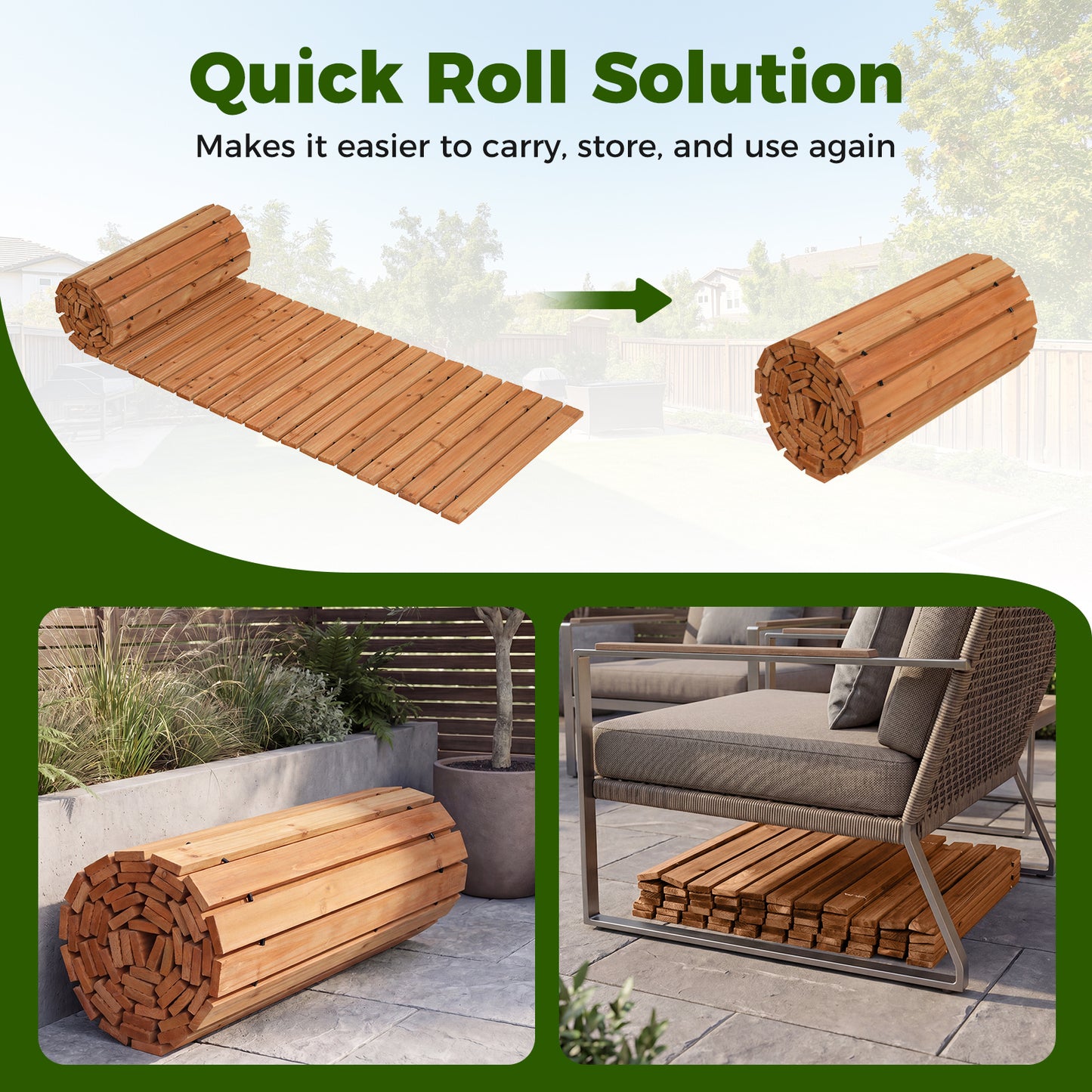 Costway Houten Tuinpad Rolpad voor Buiten met Antislipoppervlak Uitrolbaar Houten Pad Naturel