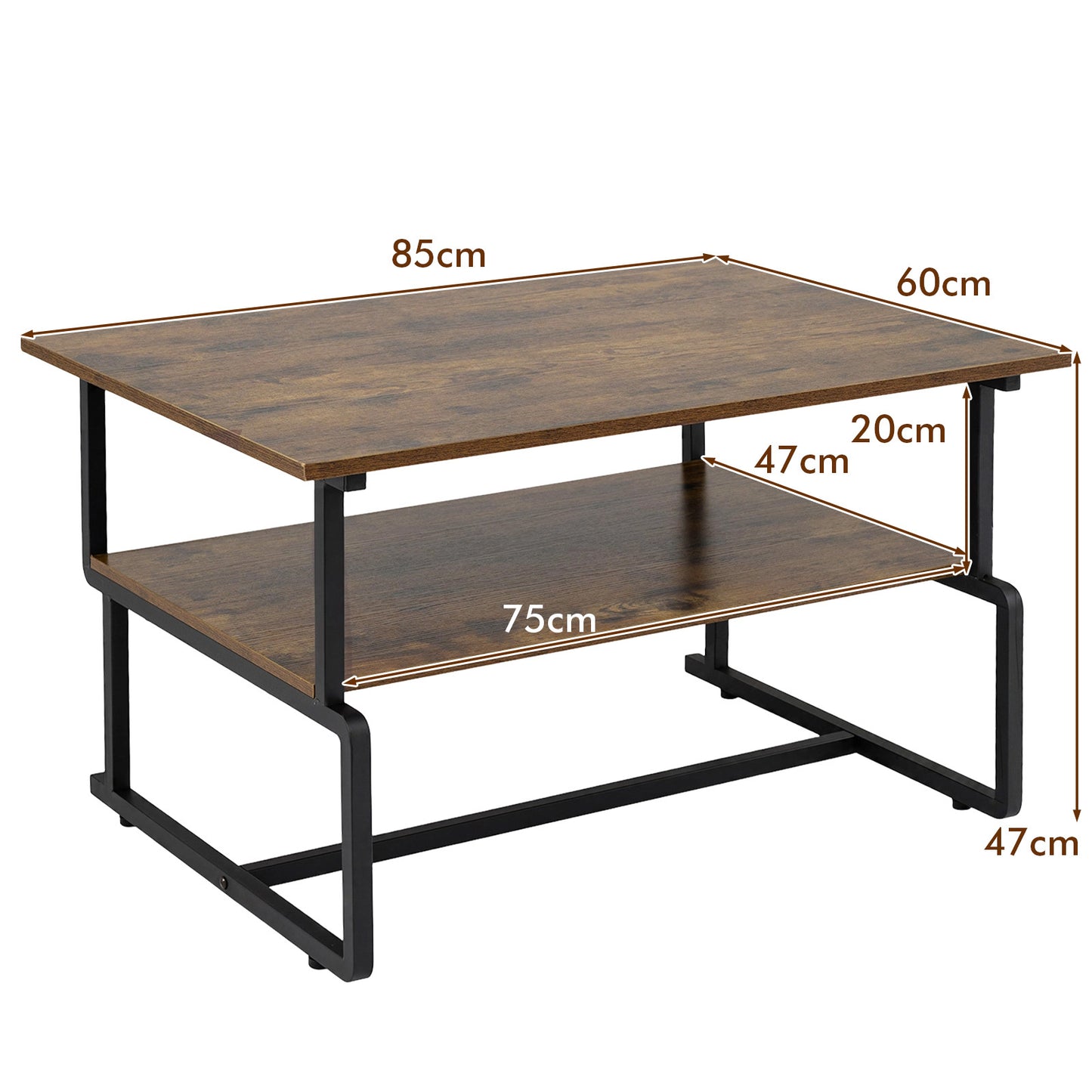 Costway Industriële Salontafel met 2 Niveaus Rechthoekige Salontafel in Loftstijl met Houtnerf-effect 85 x 60 x 47 cm
