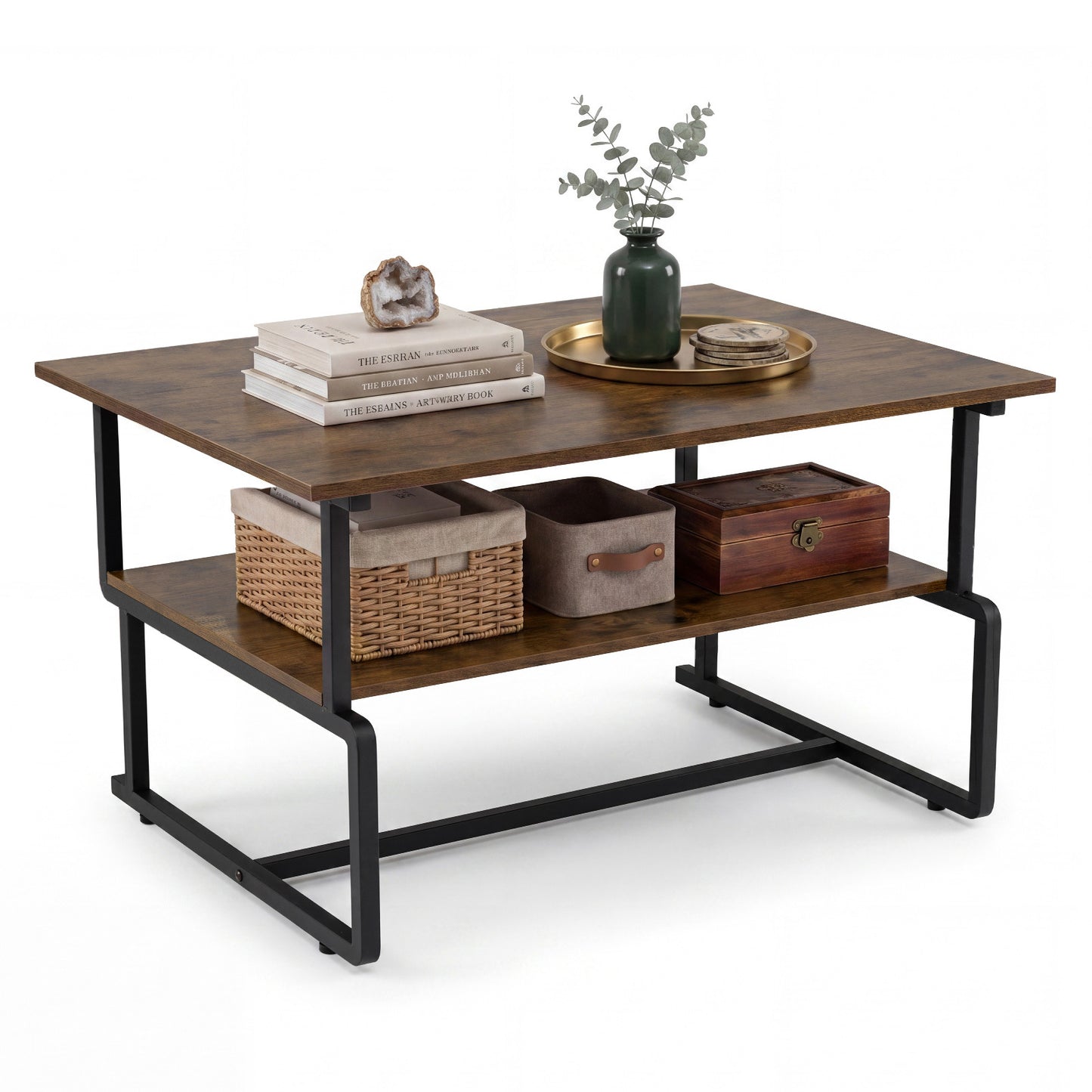 Costway Industriële Salontafel met 2 Niveaus Rechthoekige Salontafel in Loftstijl met Houtnerf-effect 85 x 60 x 47 cm