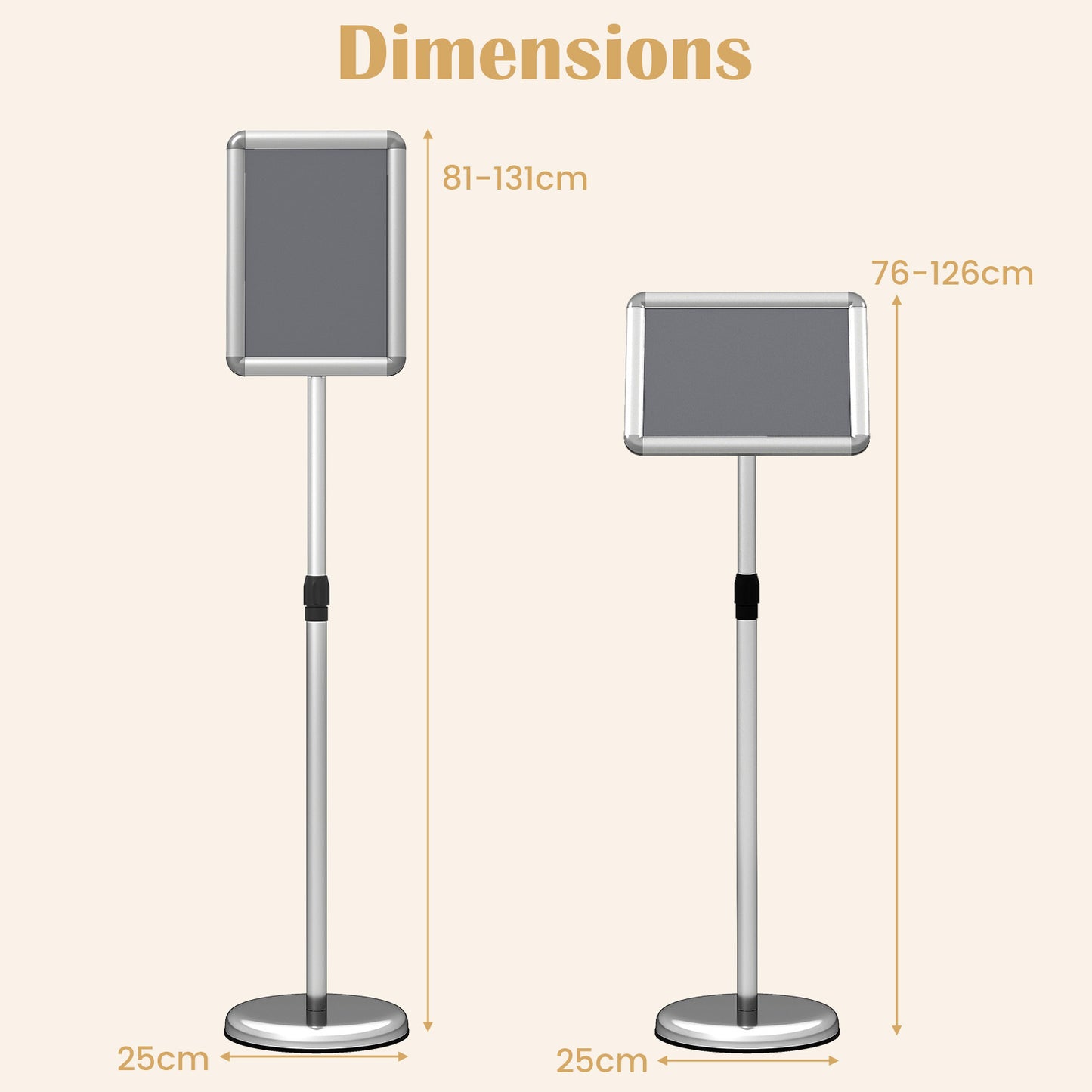 Costway Informatiehouder A4 81–131 cm in Hoogte Verstelbare Menukaartenhouder Draaibaar Posterstandaard met Vulbare Voet Zilver
