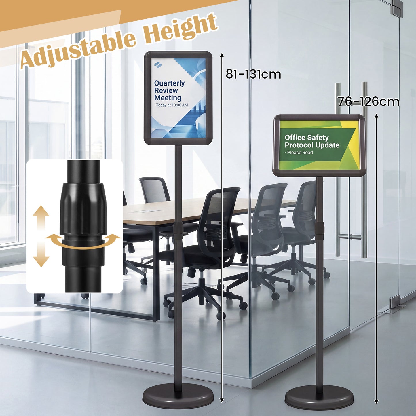 Costway Informatiehouder A4 81–131 cm in Hoogte Verstelbare Menukaartenhouder Draaibaar Posterstandaard met Vulbare Voet Zwart