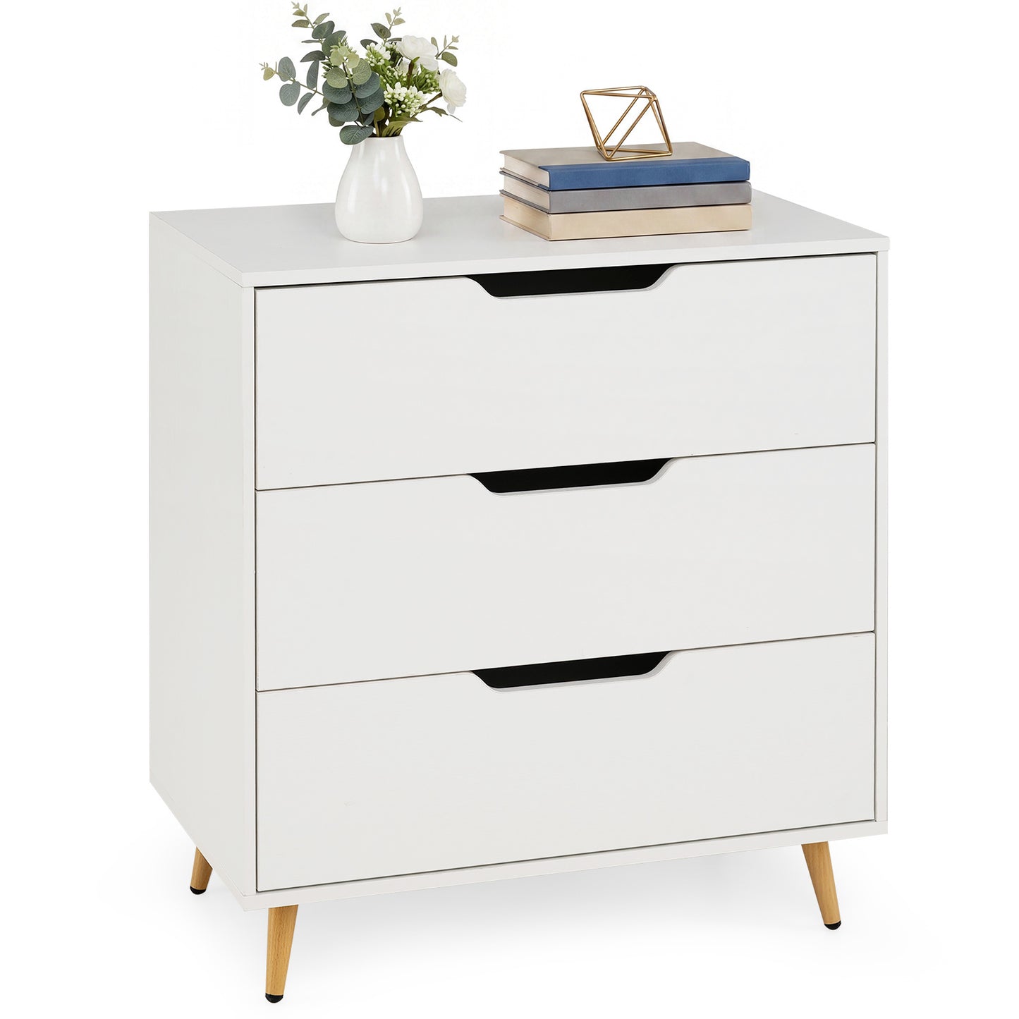 Costway Kast met 3 Lades van Hout Modern Dressoir met Conische Metalen Poten en Kantelbeveiliging Opbergkast en Nachtkastje