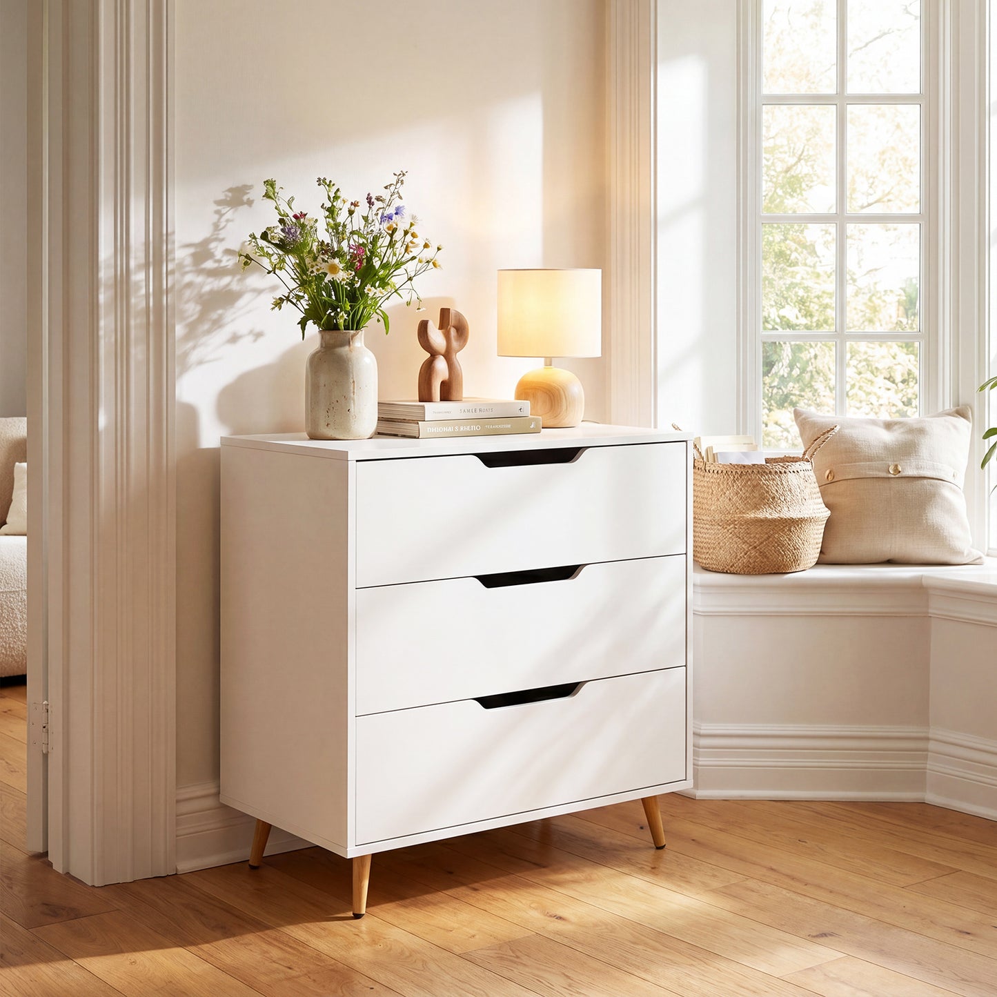 Costway Kast met 3 Lades van Hout Modern Dressoir met Conische Metalen Poten en Kantelbeveiliging Opbergkast en Nachtkastje
