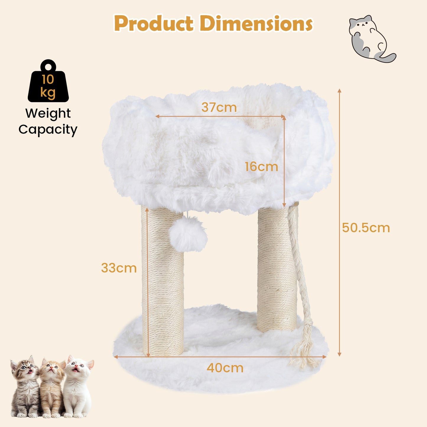 Costway Kattenboom Pluche Krabpaal met Ligplatform & Sisalstammen Klimtoren voor Katten Compacte Kattenkrabpaal 40 x 40 x 50,5 cm Wit