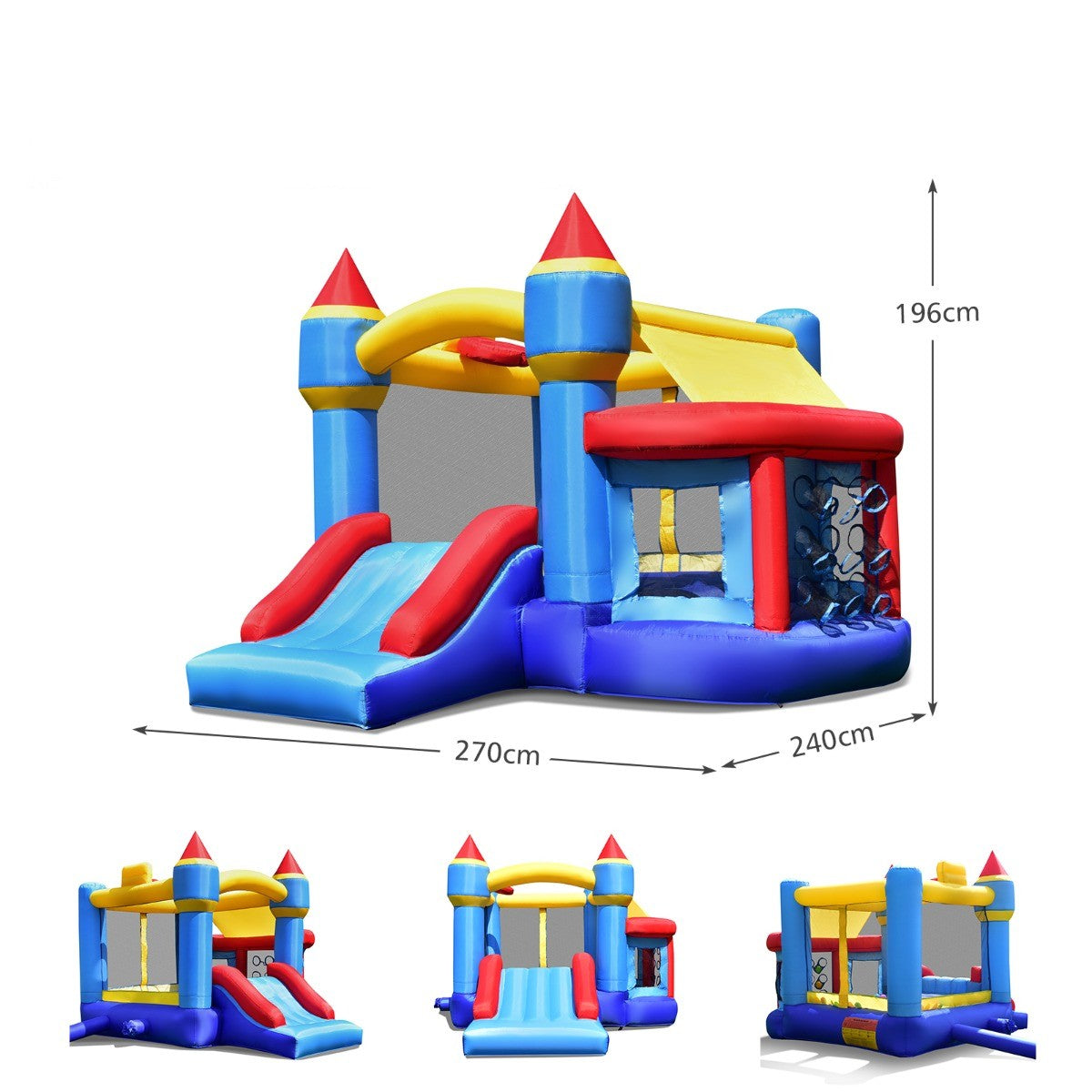 Costway Kids Opblaasbaar Springkasteel met Glijbaan Kinder Springkussen 270 x 240 x 196 cm Blauw + Geel + Rood