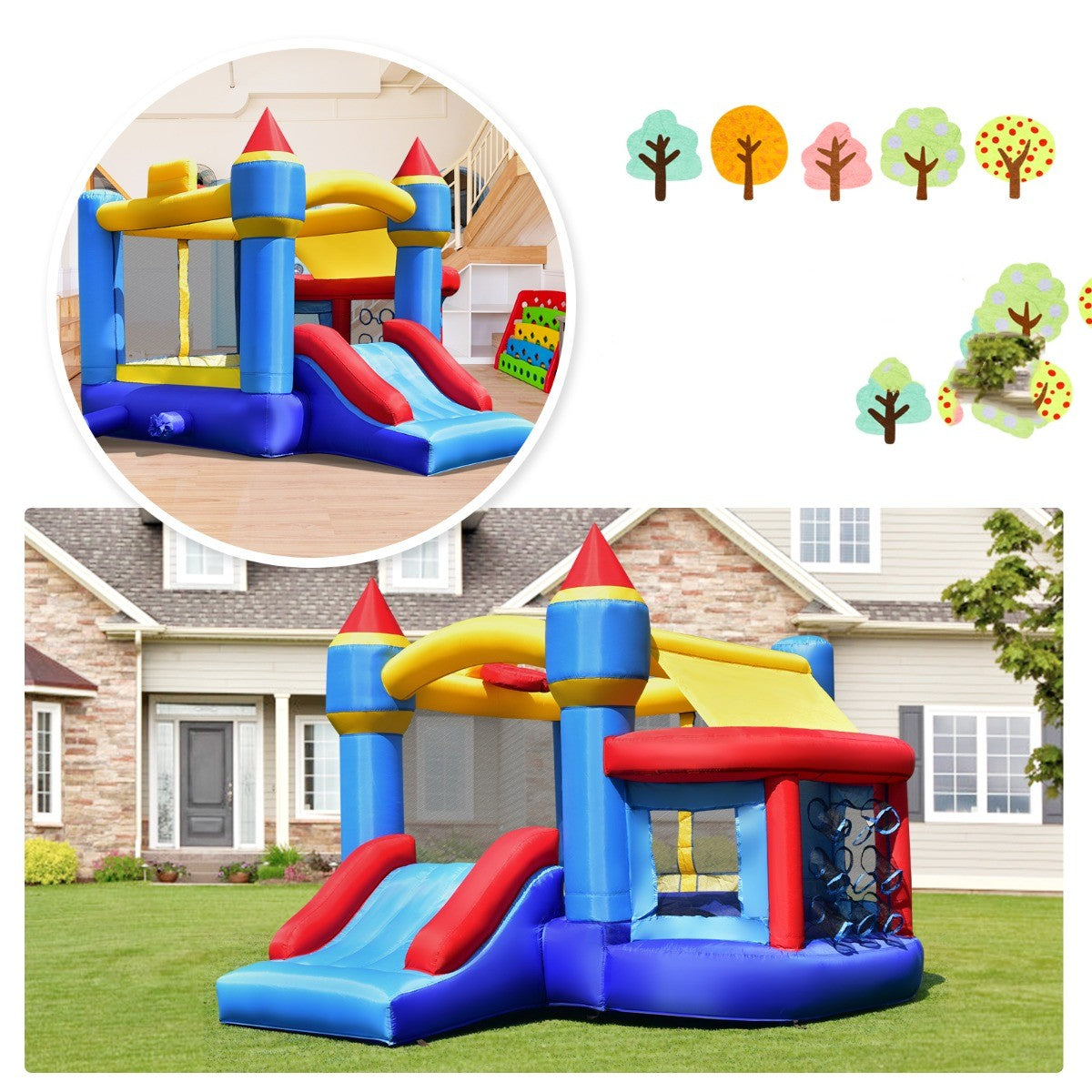 Costway Kids Opblaasbaar Springkasteel met Glijbaan Kinder Springkussen 270 x 240 x 196 cm Blauw + Geel + Rood