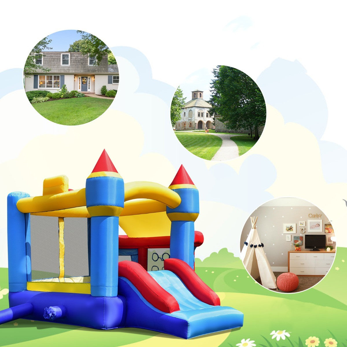 Costway Kids Opblaasbaar Springkasteel met Glijbaan Kinder Springkussen 270 x 240 x 196 cm Blauw + Geel + Rood