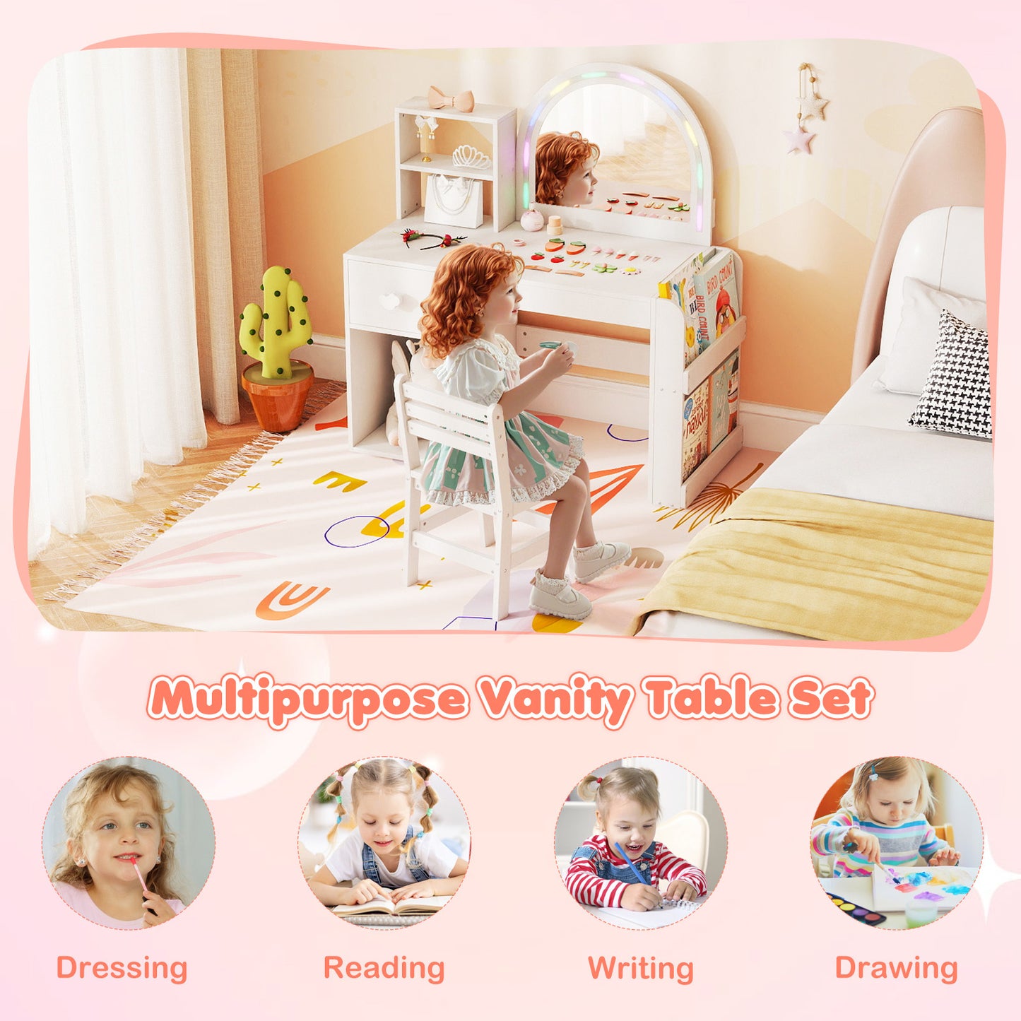 Costway Kinder Make-up tafel met Verlichting Prinses Kinder Make-up Tafel Kaptafel met Open Boekenplank & Opberglade