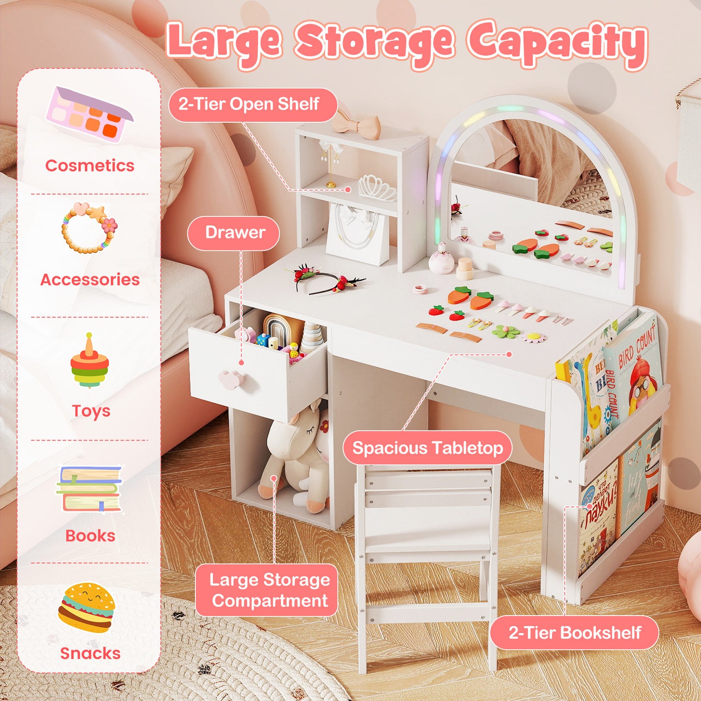 Costway Kinder Make-up tafel met Verlichting Prinses Kinder Make-up Tafel Kaptafel met Open Boekenplank & Opberglade