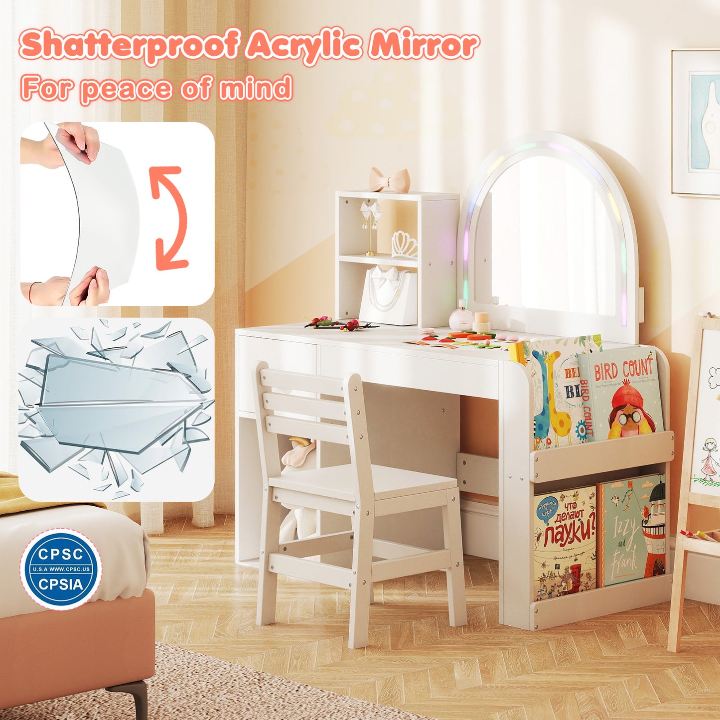 Costway Kinder Make-up tafel met Verlichting Prinses Kinder Make-up Tafel Kaptafel met Open Boekenplank & Opberglade