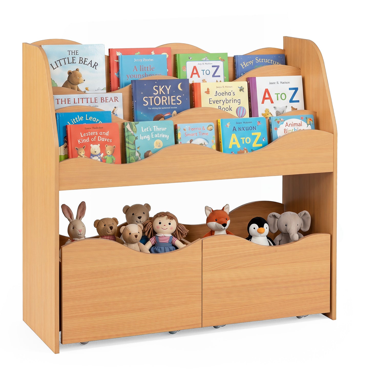 Costway Kinder Speelgoedkast met 3 Golvende Niveaus Kinderboekenrek Speelgoedkast voor Kinderkamer & Speelkamer Naturel