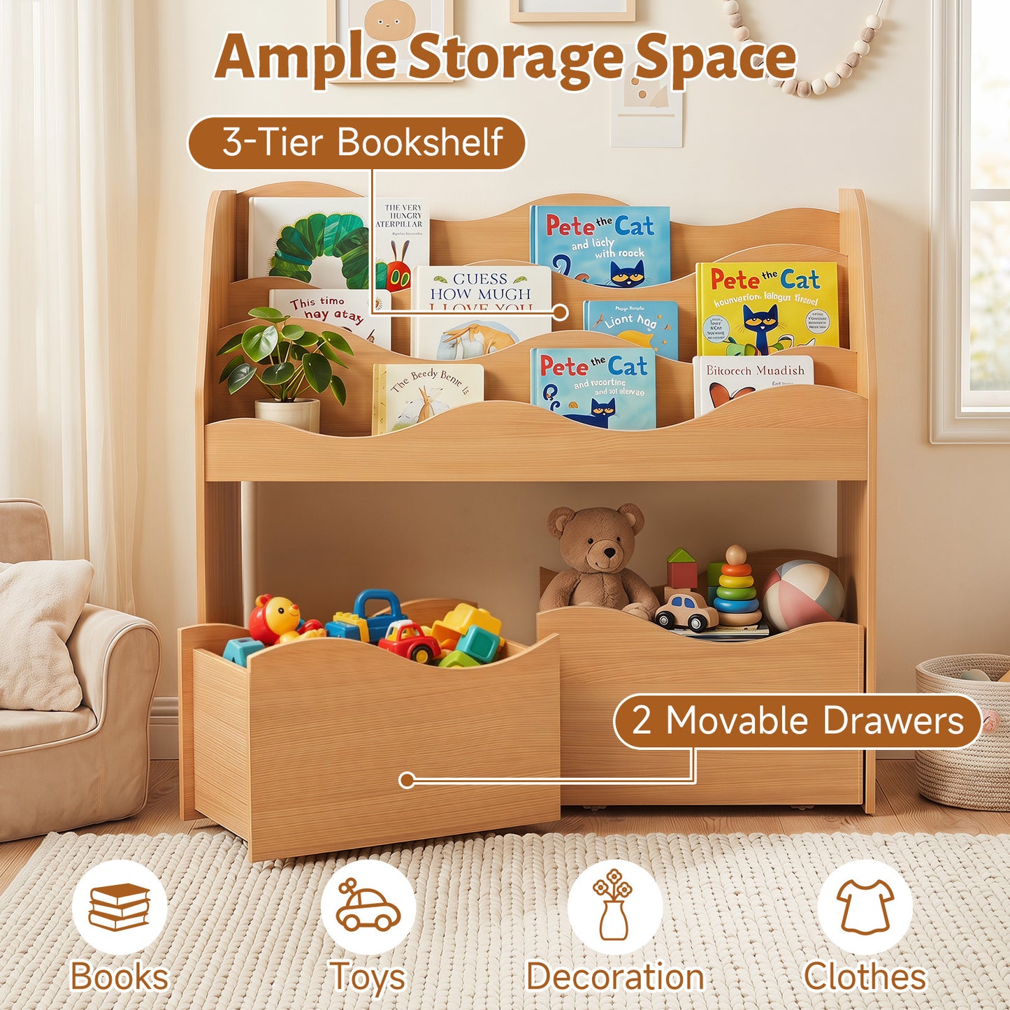 Costway Kinder Speelgoedkast met 3 Golvende Niveaus Kinderboekenrek Speelgoedkast voor Kinderkamer & Speelkamer Naturel