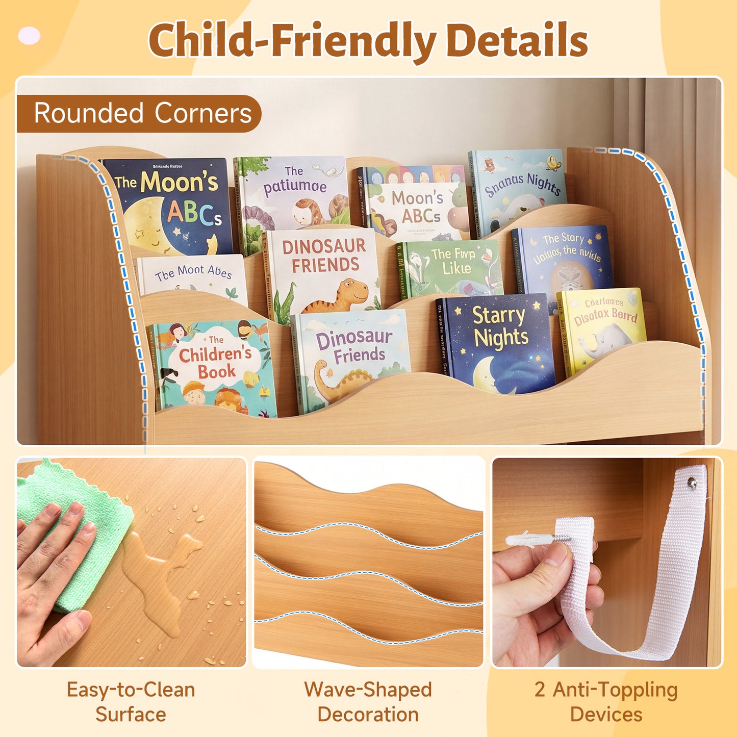 Costway Kinder Speelgoedkast met 3 Golvende Niveaus Kinderboekenrek Speelgoedkast voor Kinderkamer & Speelkamer Naturel