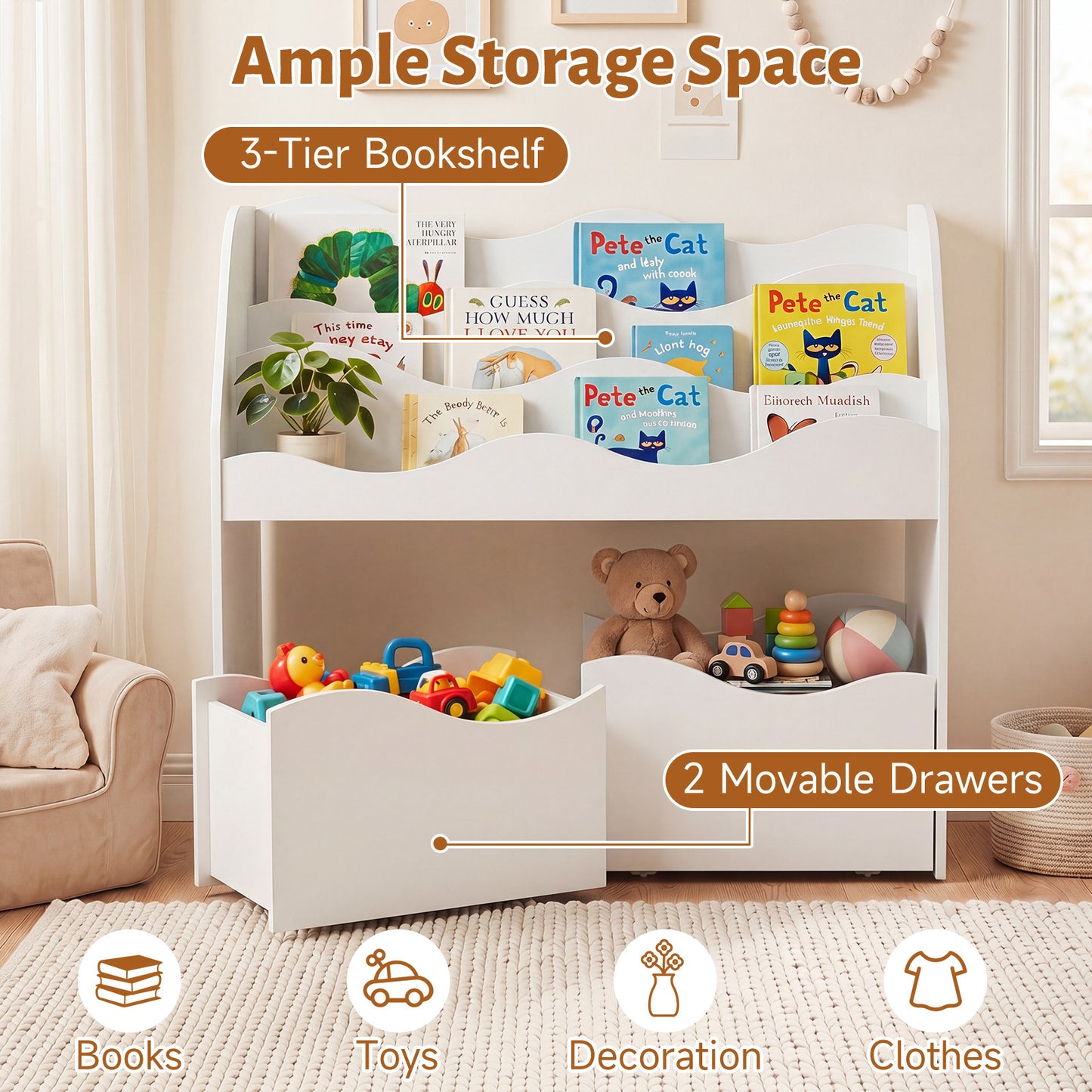 Costway Kinder Speelgoedkast met 3 Golvende Niveaus Kinderboekenrek Speelgoedkast voor Kinderkamer & Speelkamer Wit