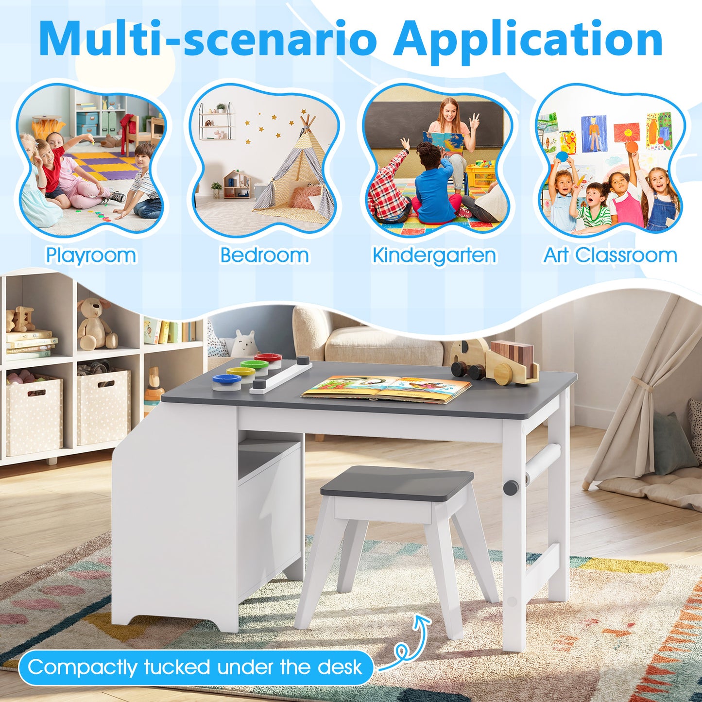 Costway Kinder Tafel & Hockerset Kinderset van Hout met Papierrollenhouder Papierrol & 4 Kleurbekers Grijs