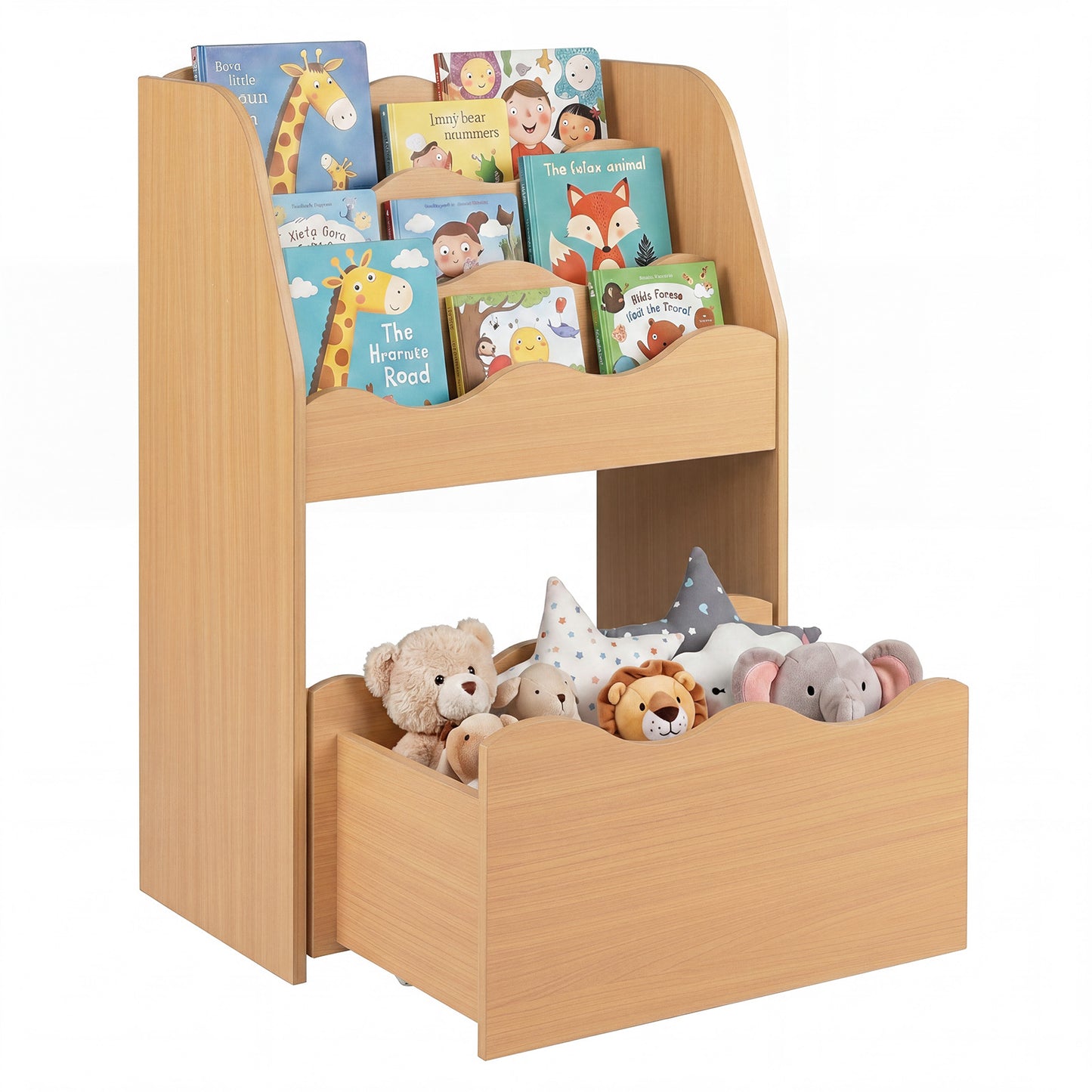 Costway Kinderboekenrek 3-laags Montessori Speelgoedrek van Hout met Rolbare Lade Opbergrek met Golvende Rand Naturel