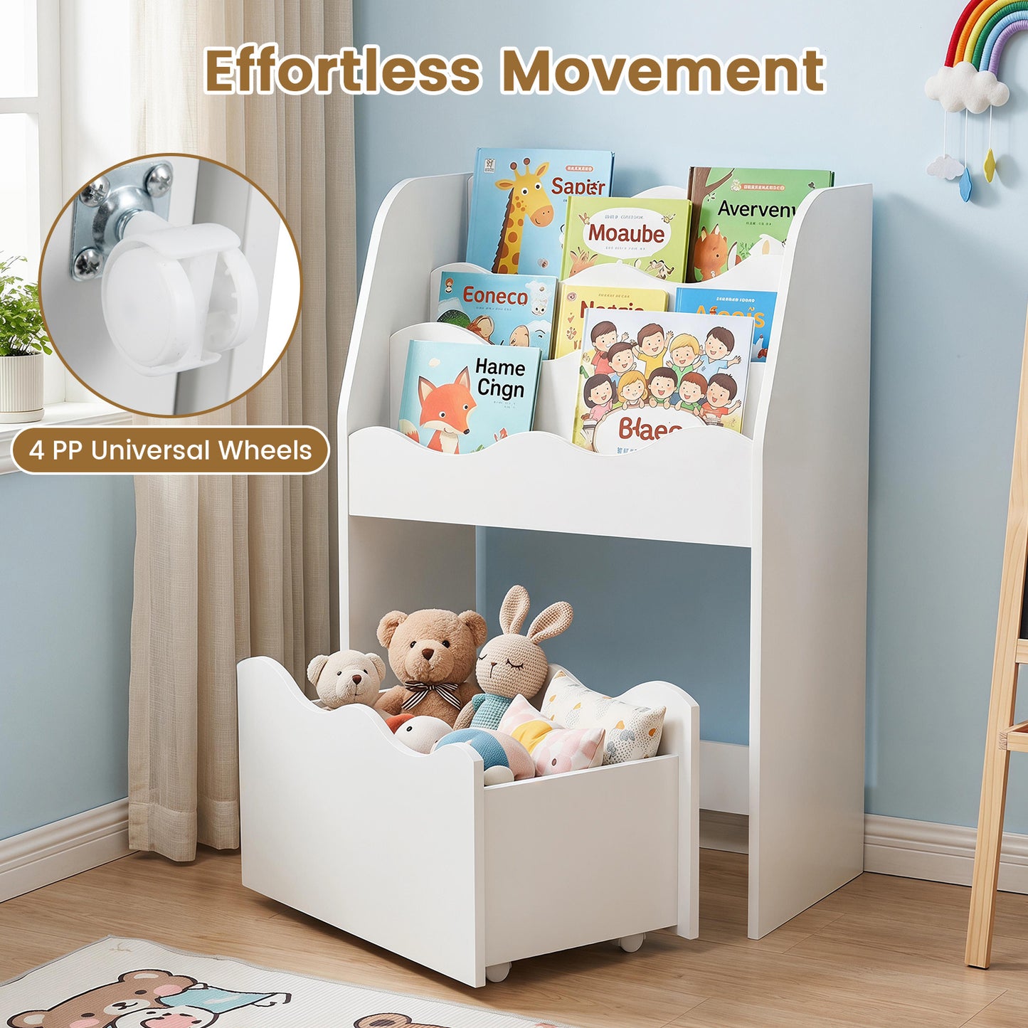 Costway Kinderboekenrek 3-laags Montessori Speelgoedrek van Hout met Rolbare Lade Opbergrek met Golvende Rand Wit