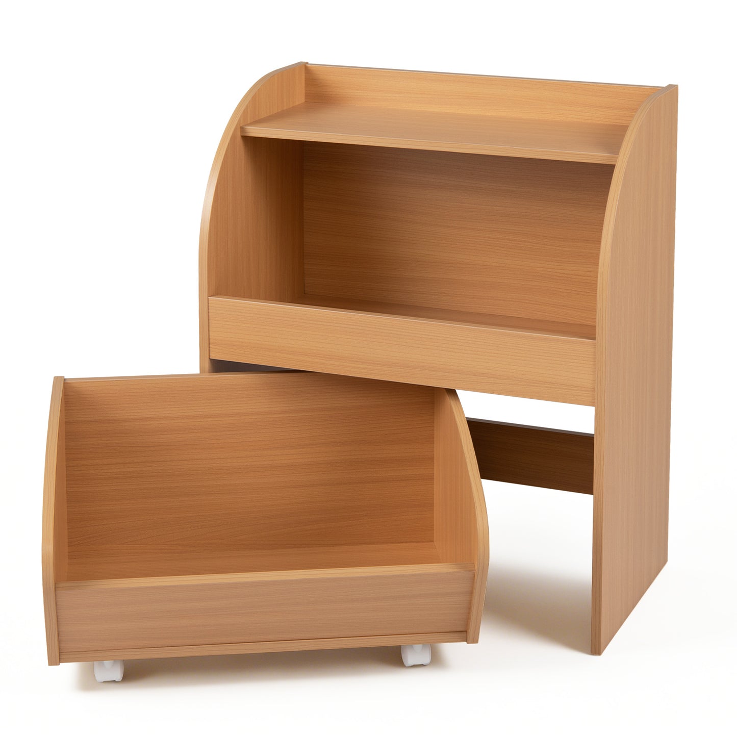 Costway Kinderboekenrek speelgoedrek met rolbare lade Afmetingen 49,5 × 28,5 × 61,5 cm Natuurlijke Houtkleur