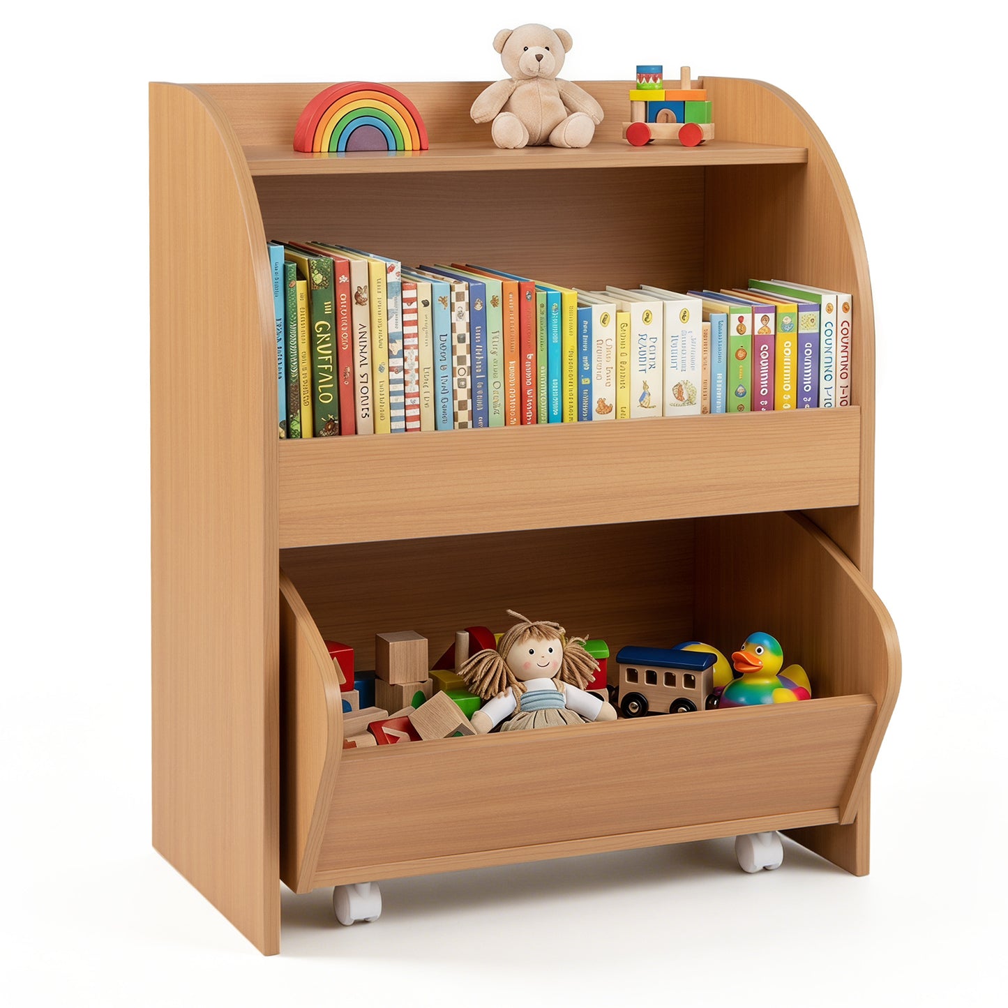 Costway Kinderboekenrek speelgoedrek met rolbare lade Afmetingen 49,5 × 28,5 × 61,5 cm Natuurlijke Houtkleur
