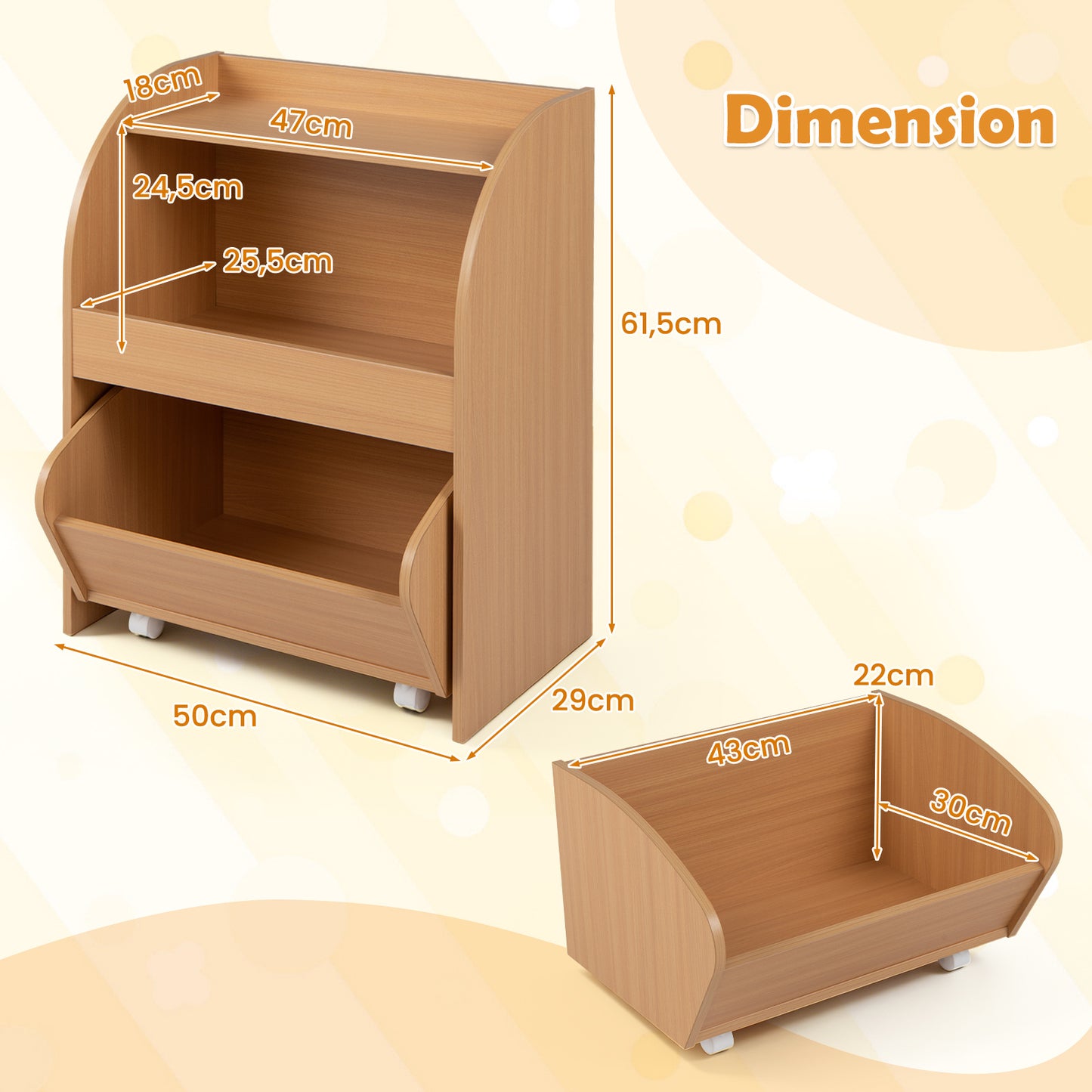 Costway Kinderboekenrek speelgoedrek met rolbare lade Afmetingen 49,5 × 28,5 × 61,5 cm Natuurlijke Houtkleur