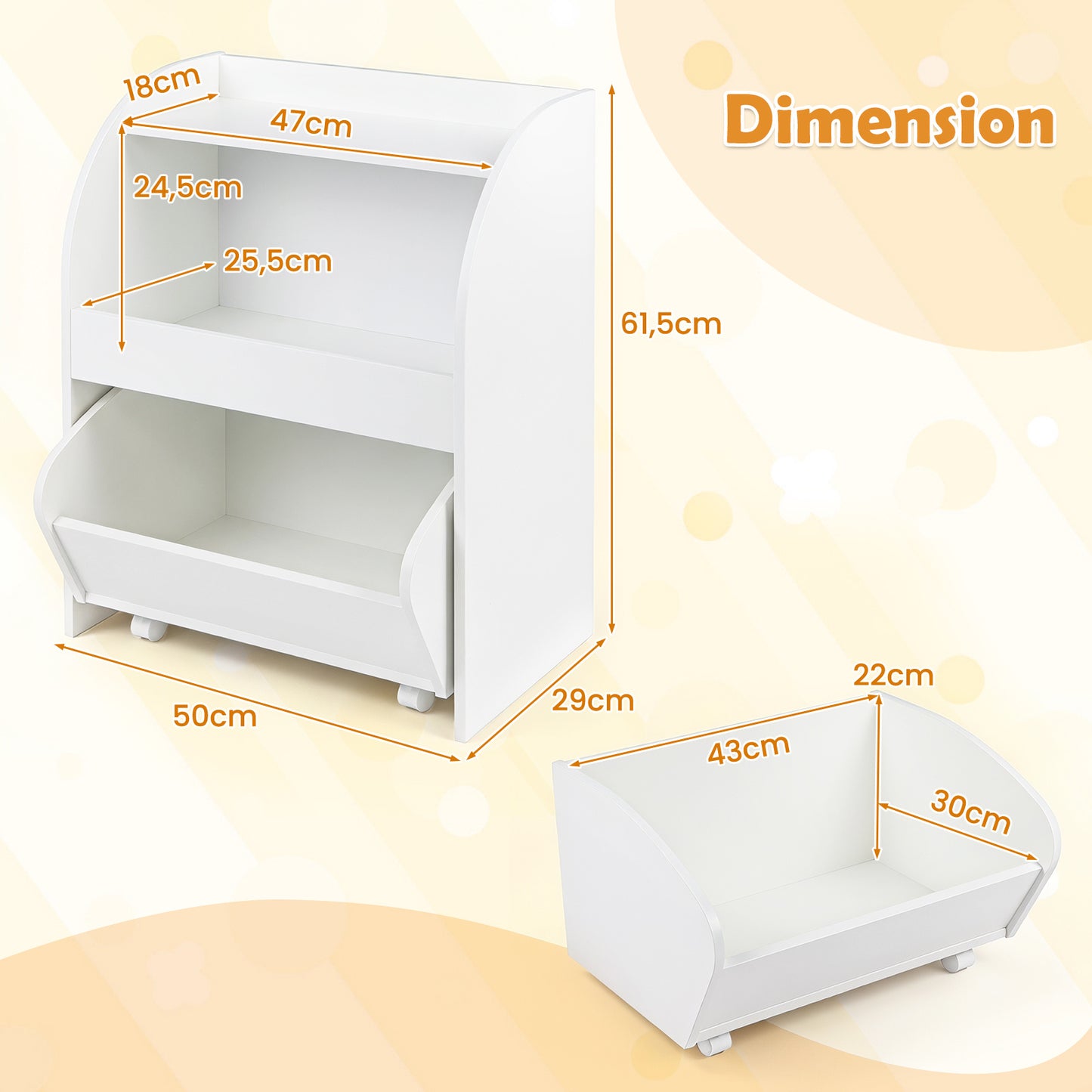 Costway Kinderboekenrek Speelgoedrek met Rolbare Lade Wit 49,5 × 28,5 × 61,5 cm