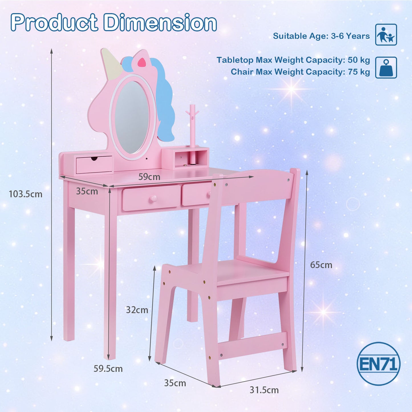 Costway Kinderen Make-uptafel 2-in-1 Eenhoorn-kaptafel met Afneembare Spiegel en 2 Lichtkleuren Roze