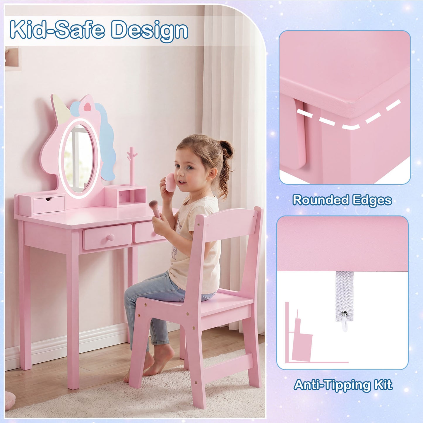 Costway Kinderen Make-uptafel 2-in-1 Eenhoorn-kaptafel met Afneembare Spiegel en 2 Lichtkleuren Roze