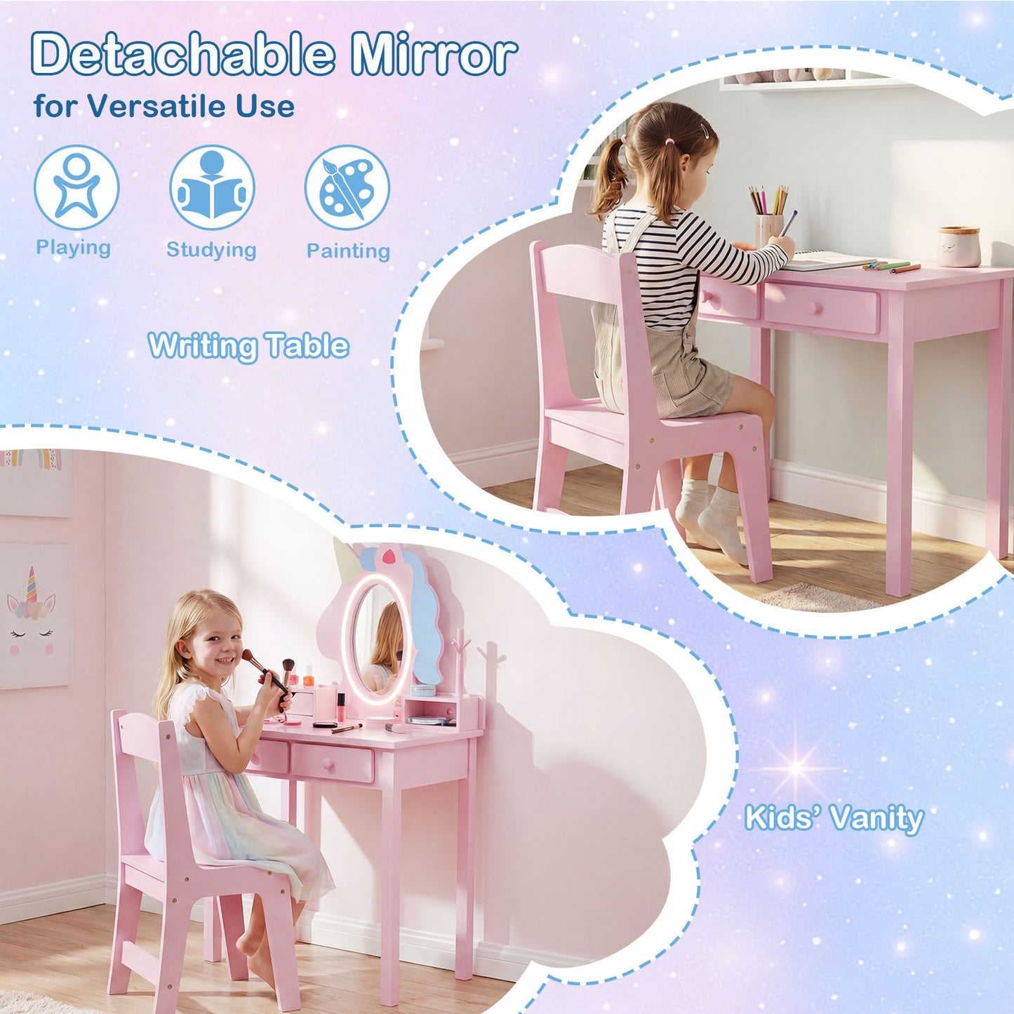 Costway Kinderen Make-uptafel 2-in-1 Eenhoorn-kaptafel met Afneembare Spiegel en 2 Lichtkleuren Roze