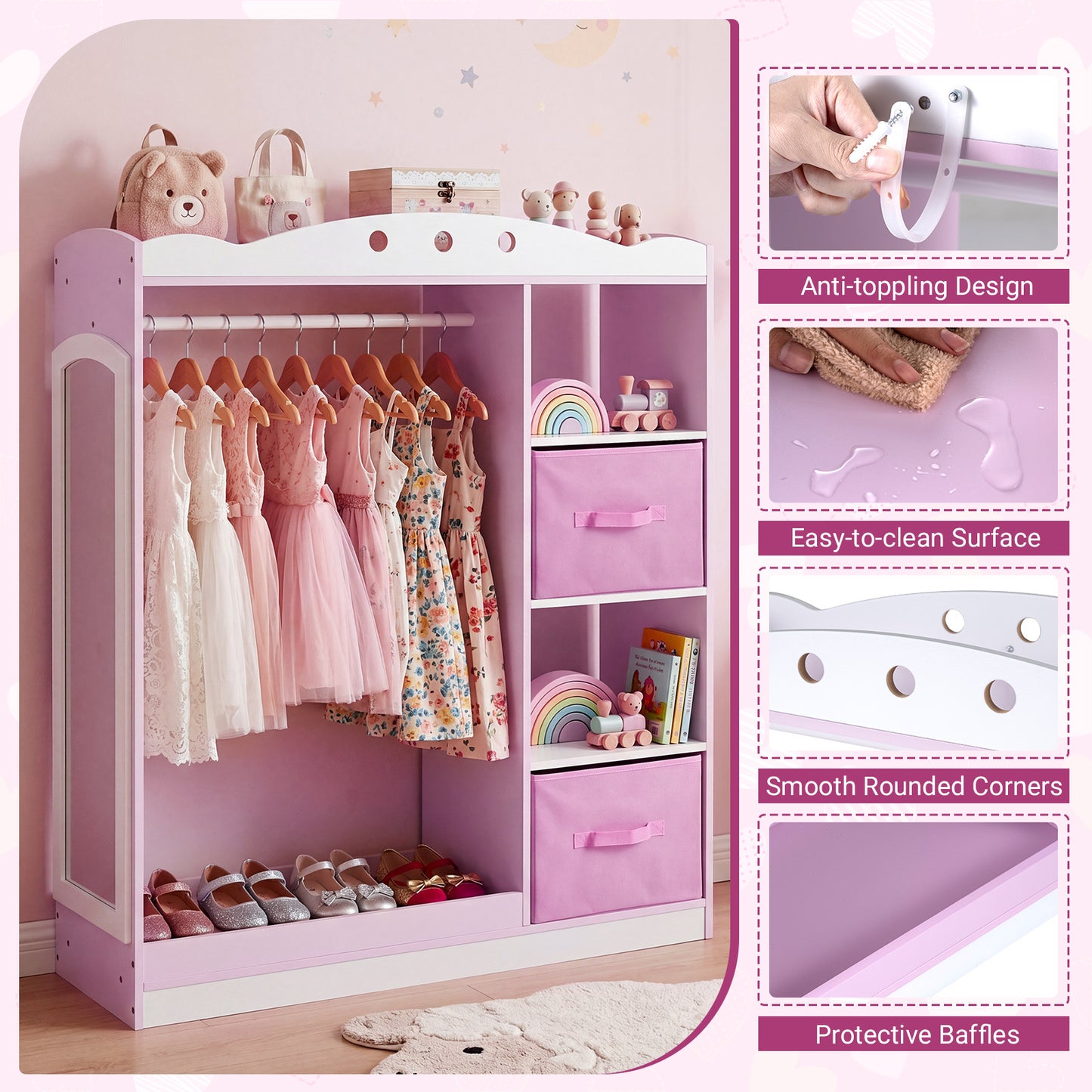 Costway Kindergarderobe met Spiegel Kinder Kledingkast van Hout met Open Planken Kledingstang en Opvouwbare Stoffen Lades Roze