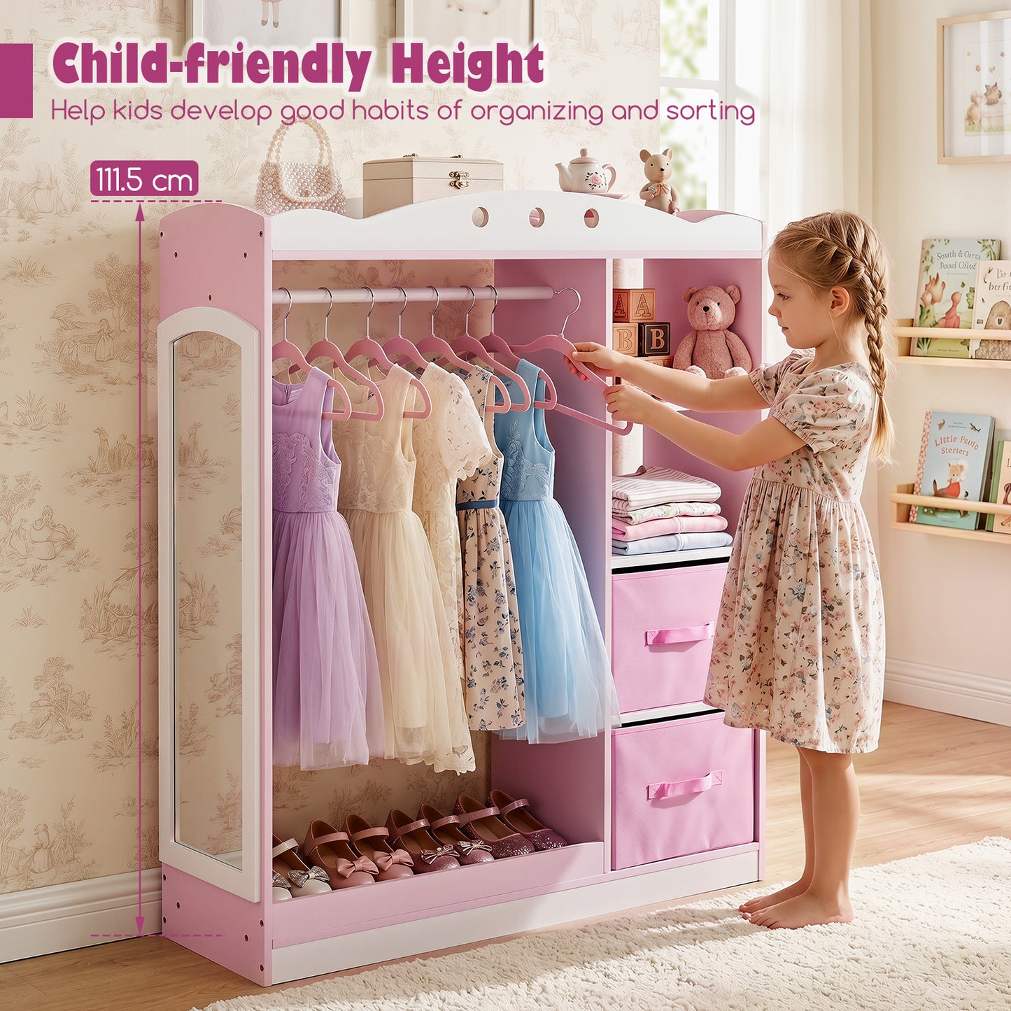 Costway Kindergarderobe met Spiegel Kinder Kledingkast van Hout met Open Planken Kledingstang en Opvouwbare Stoffen Lades Roze